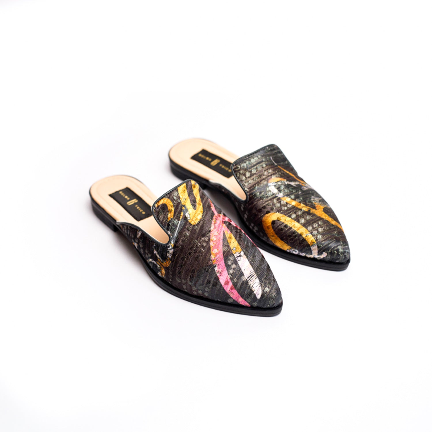 Black Fuchsia Yellow Bosančica Brocade Slippers