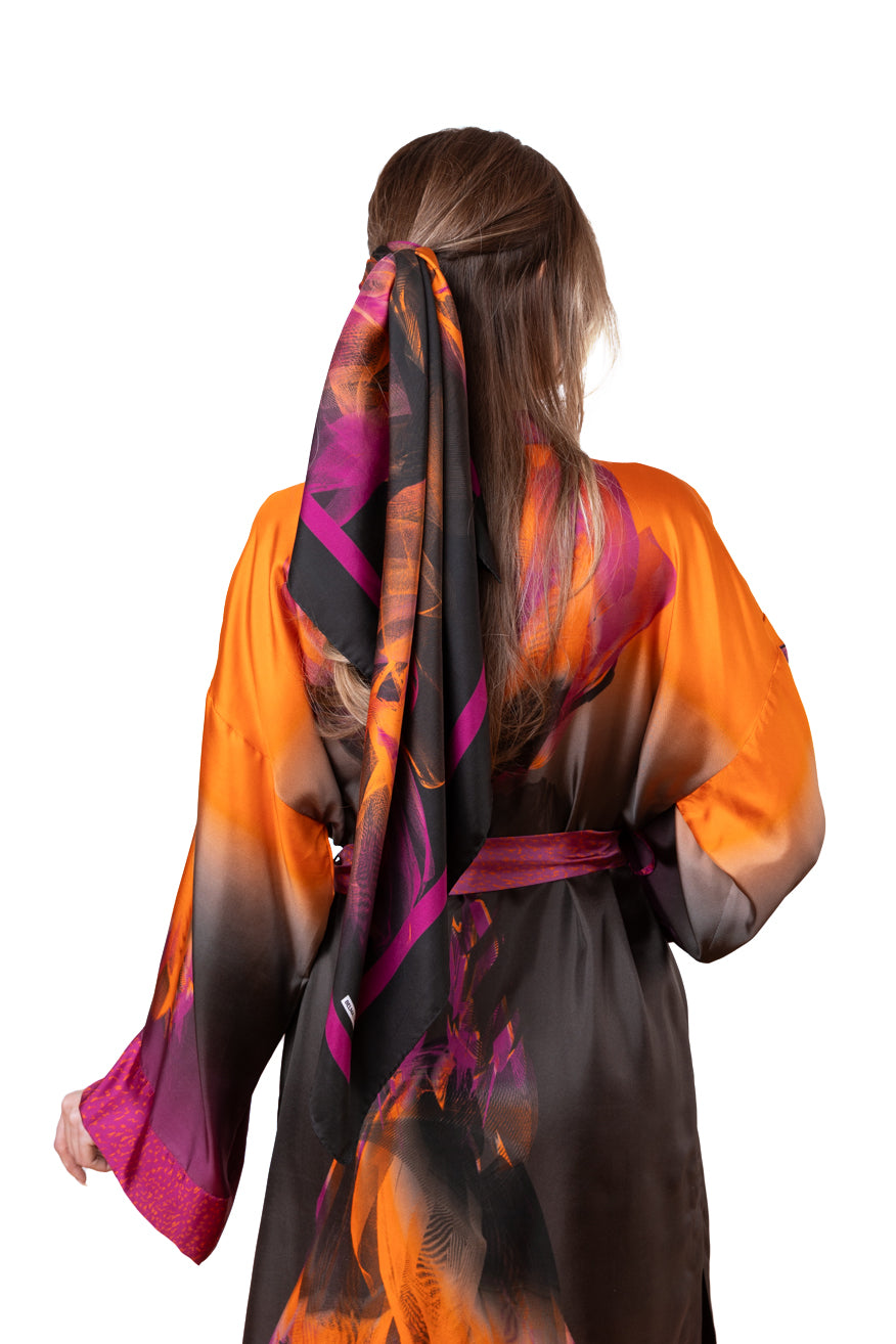 Black Orange Plum Violet Flower Silk Twill Scarf