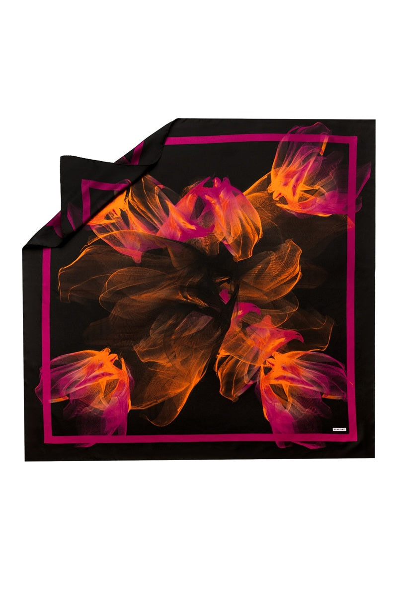 Black Orange Plum Violet Flower Silk Twill Scarf