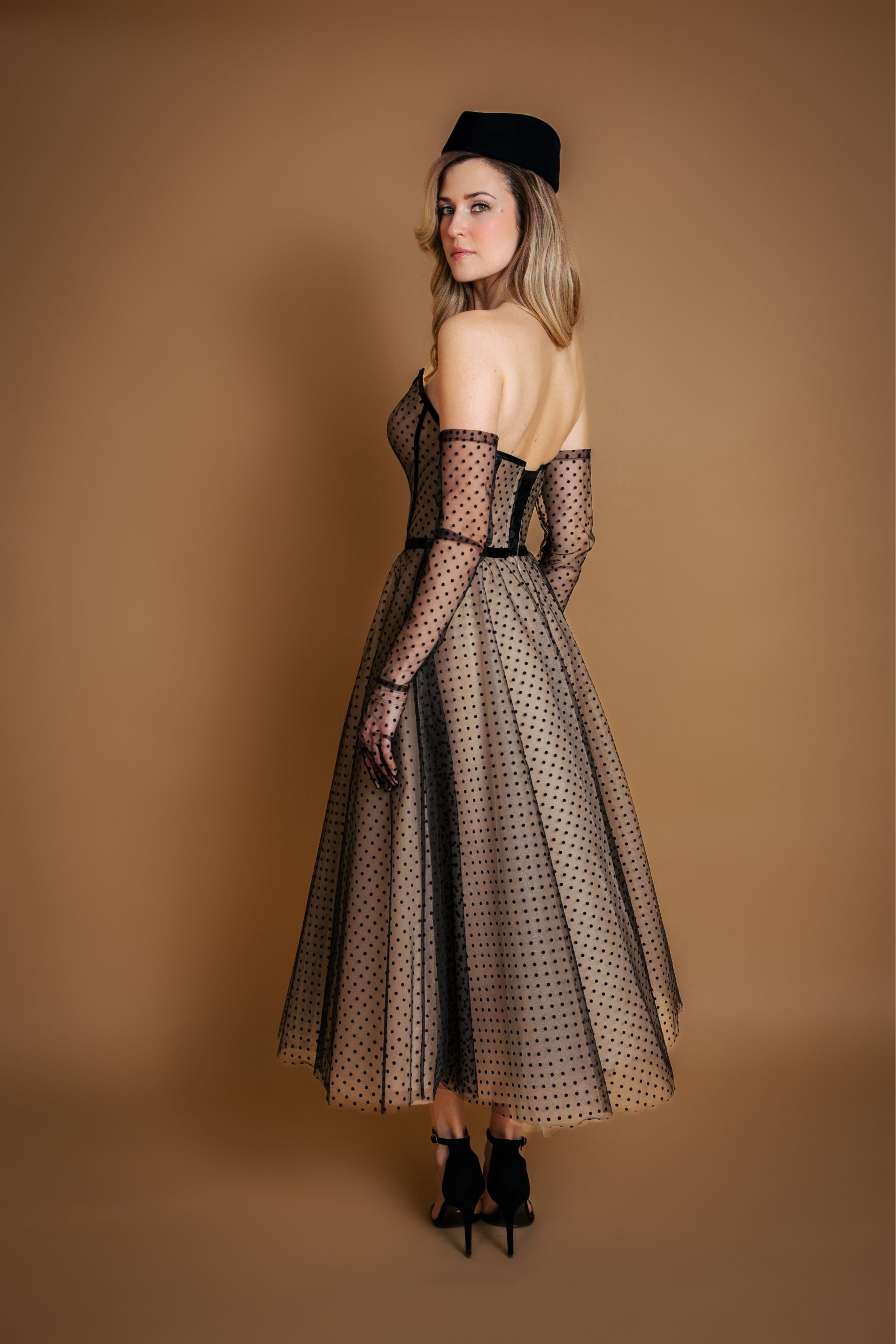 green emerald velvet dress Black Polka Dot Tulle Bodice Dress – Belma Tvico