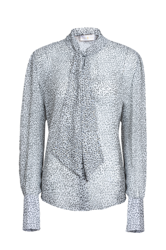 Black and White Bosančica Letters Print Long Sleeve Chiffon Shirt
