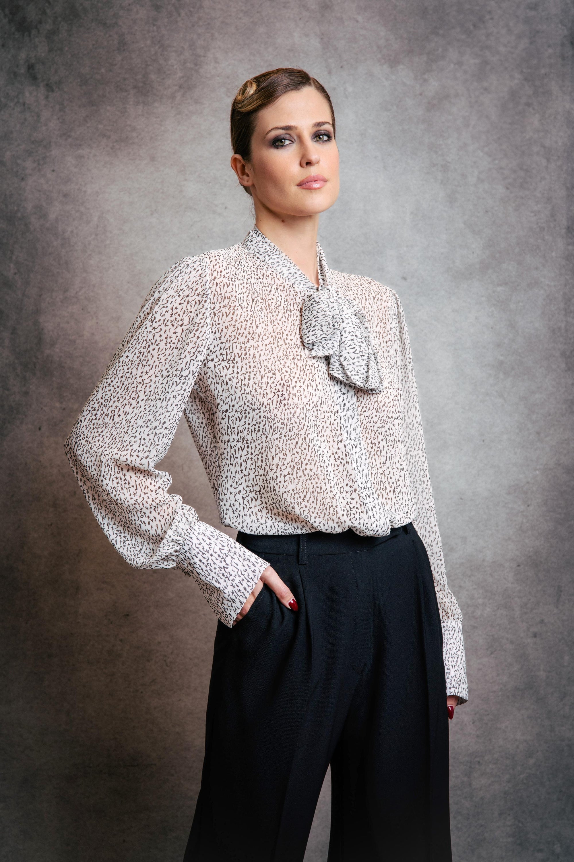 Black and White Bosančica Letters Print Long Sleeve Chiffon Shirt