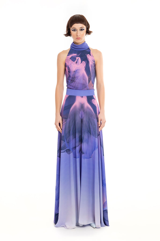 Blue Mauve Pink Chiffon Nile Print Wide Leg Trousers
