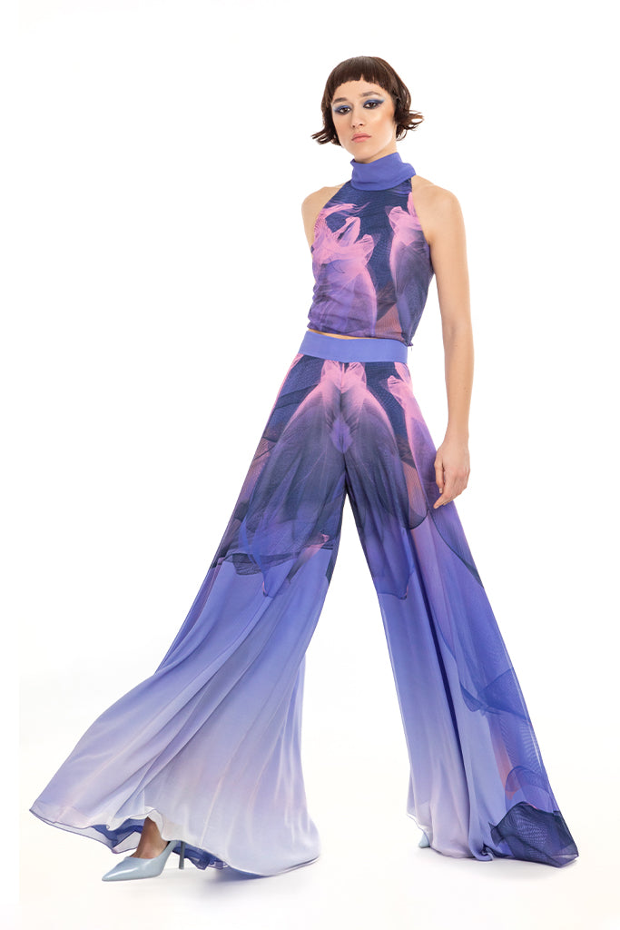 Blue Mauve Pink Chiffon Nile Print Wide Leg Trousers