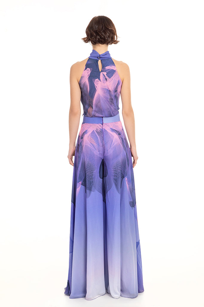 Blue Mauve Pink Chiffon Nile Print Wide Leg Trousers