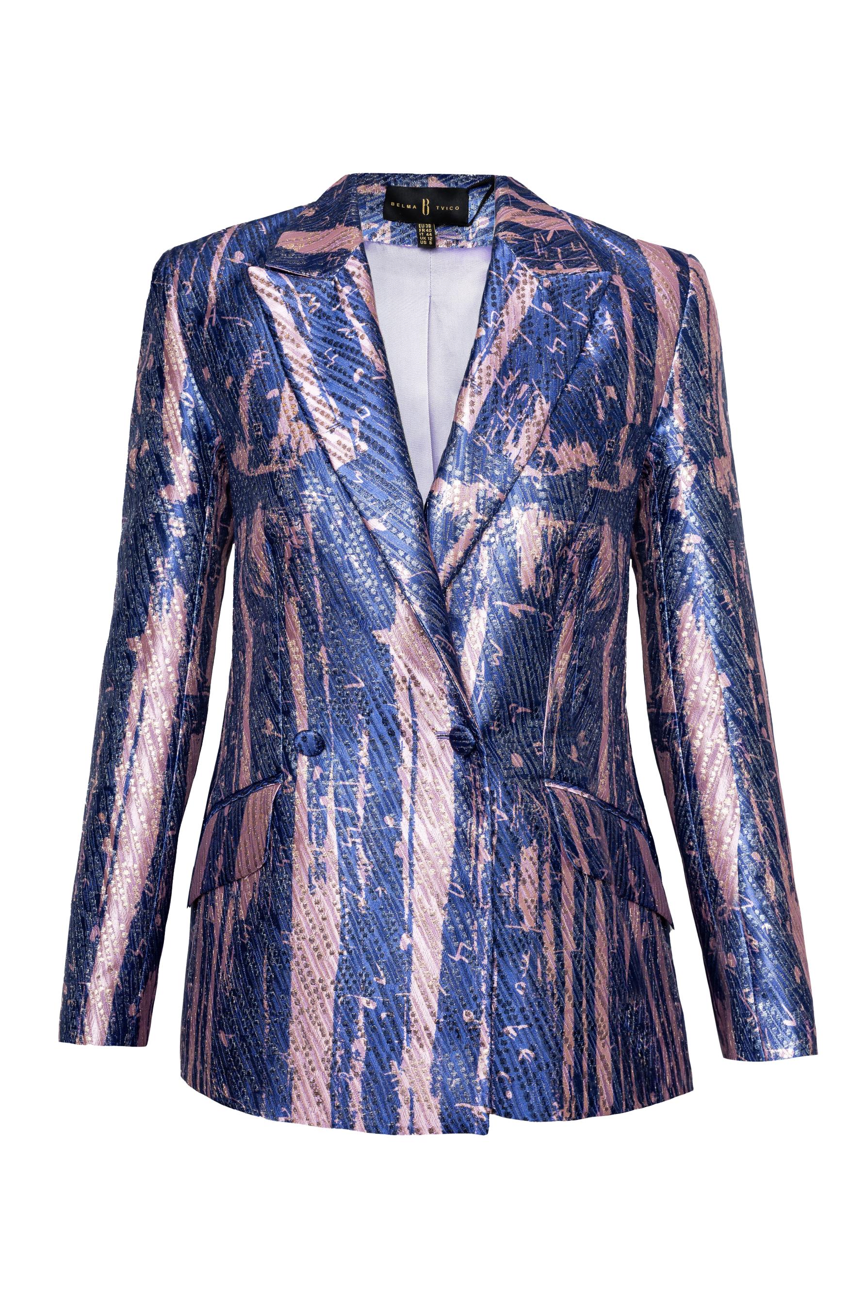 Blue Pink Bosančica Print Metallic Brocade Blazer