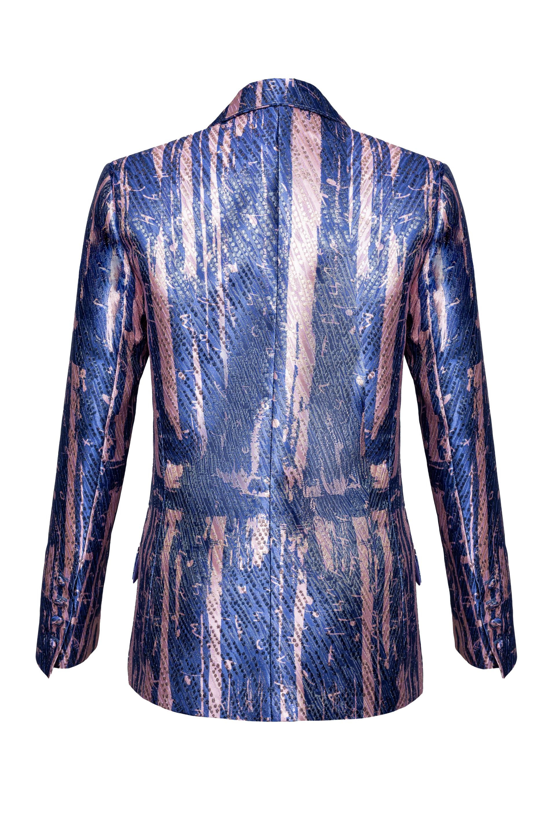 Blue Pink Bosančica Print Metallic Brocade Blazer