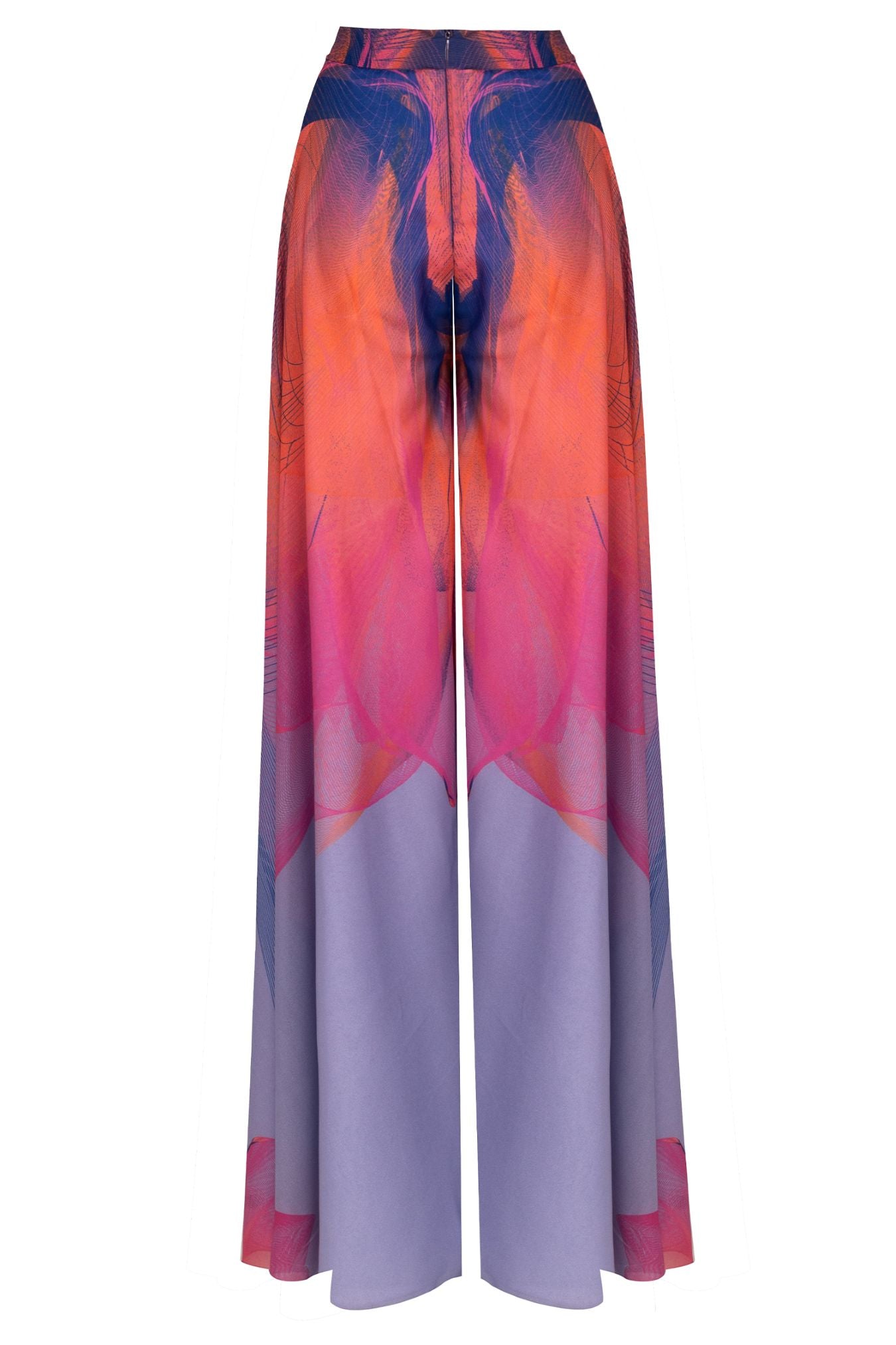Blue Pink Orange Coral Sunset Print Chiffon Wide Leg Trousers