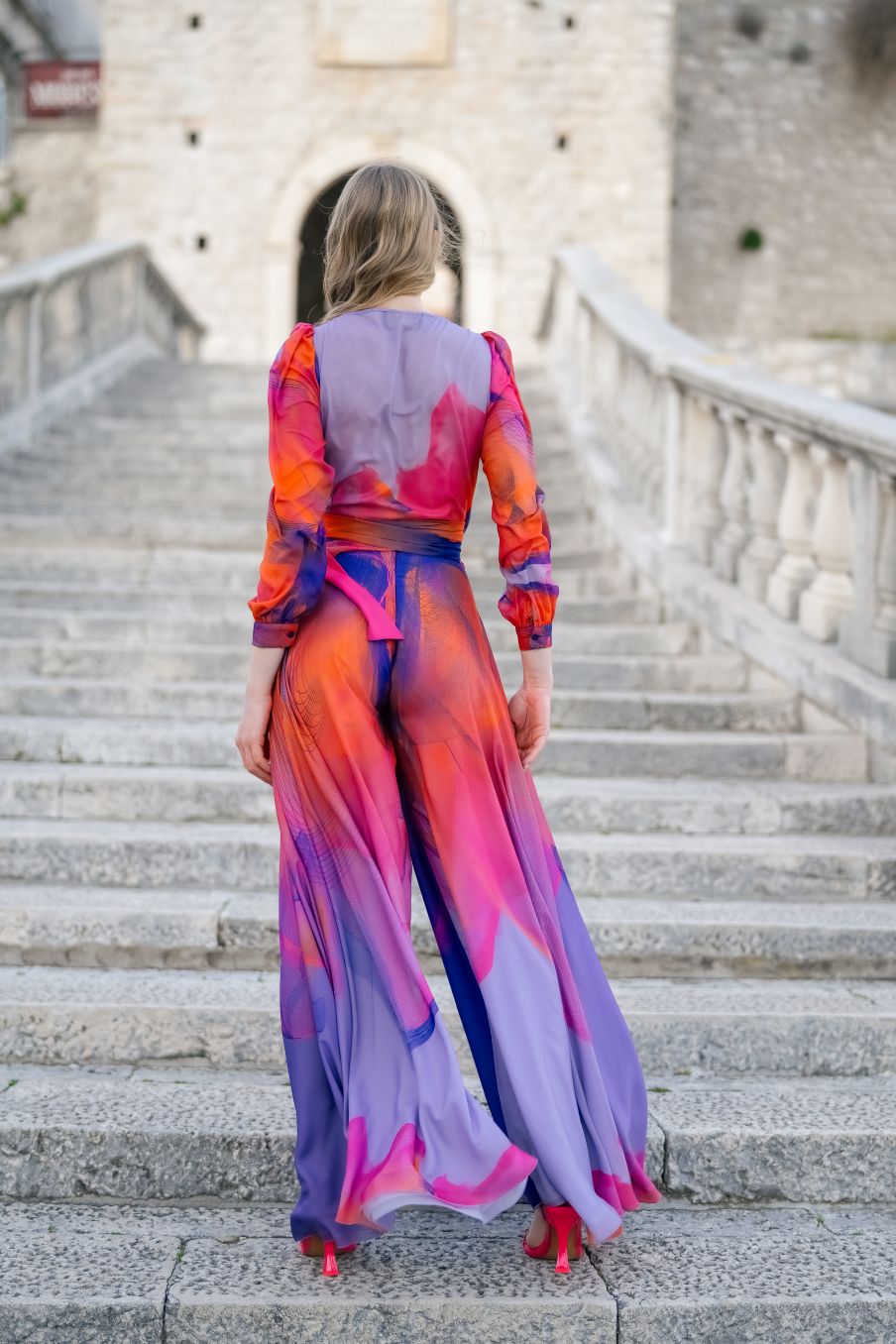 Blue Pink Orange Coral Sunset Print Chiffon Wide Leg Trousers