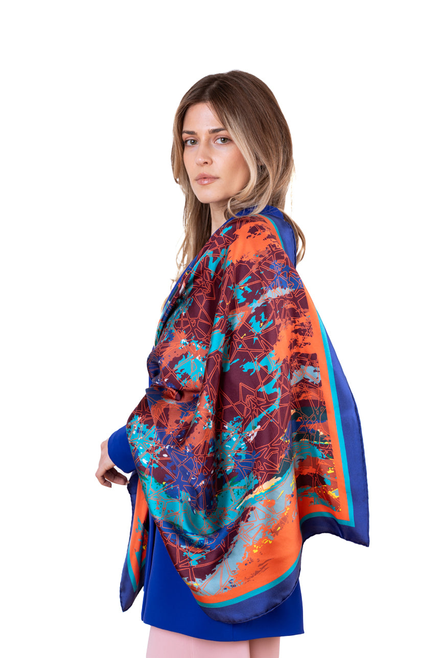Blue Turquoise Orange Vibrance Sandstone Silk Twill Scarf