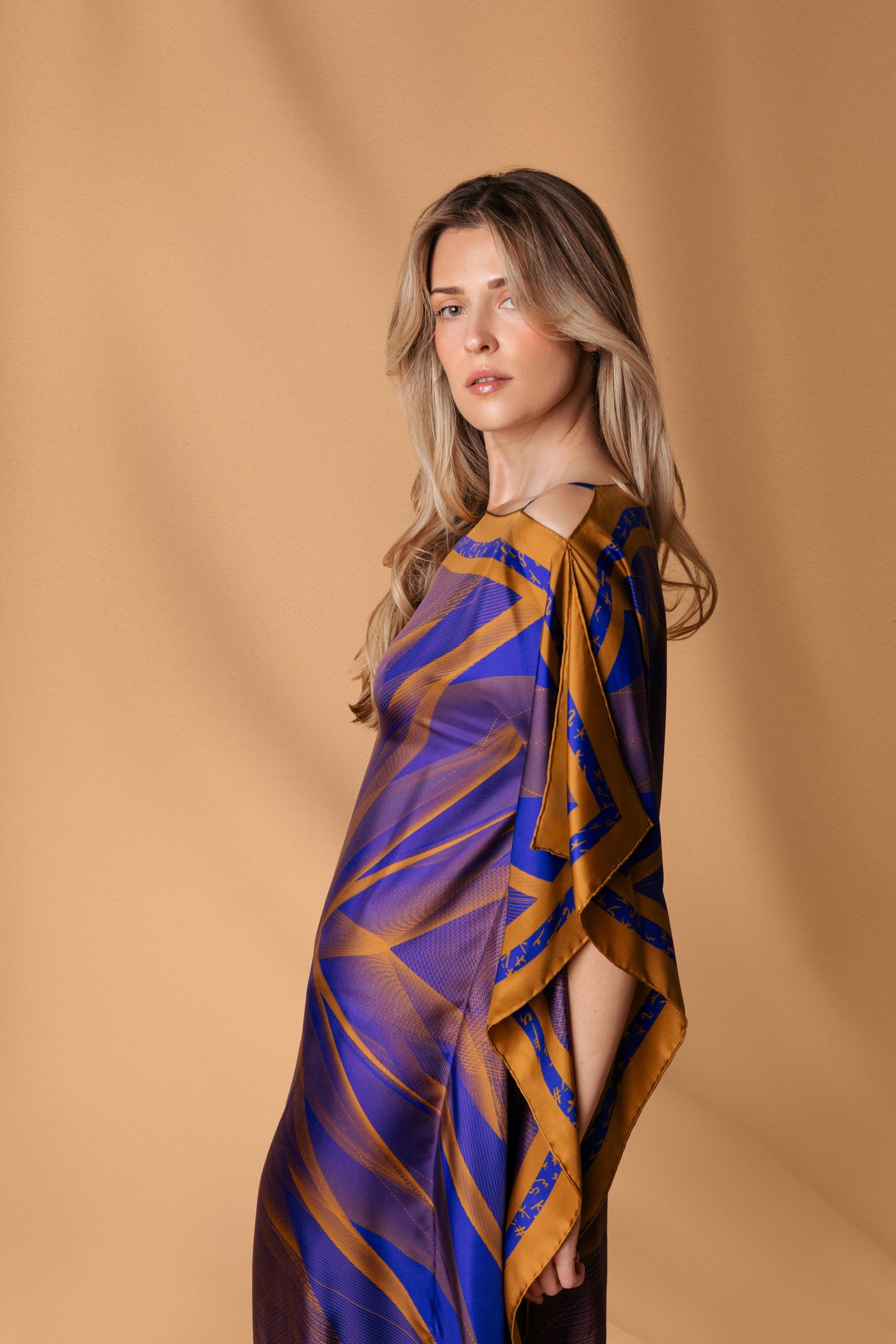 Cobalt Blue and Gold Andromeda Silk Kaftan Dress