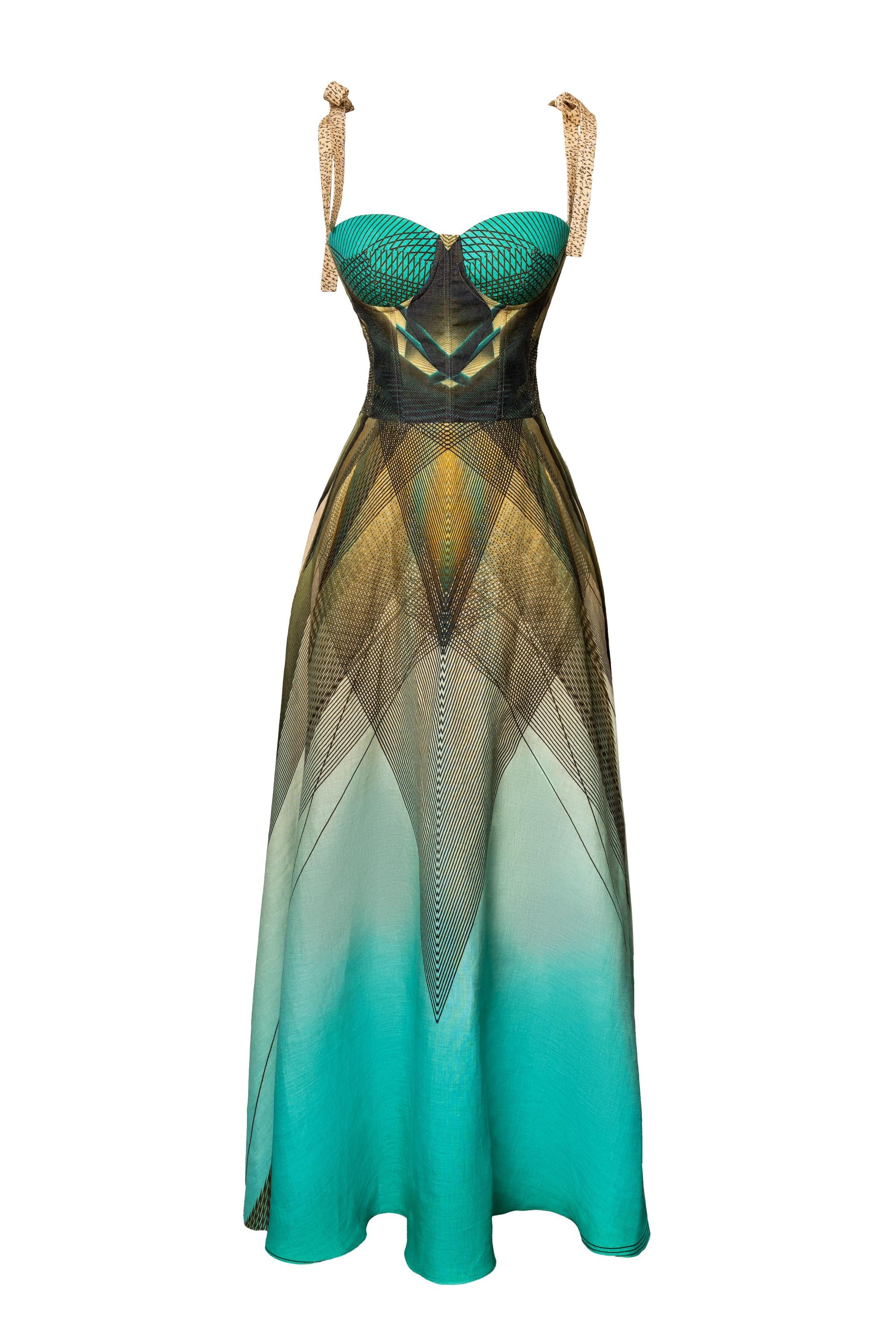 Green Beige Emerald Print Linen Corset Dress