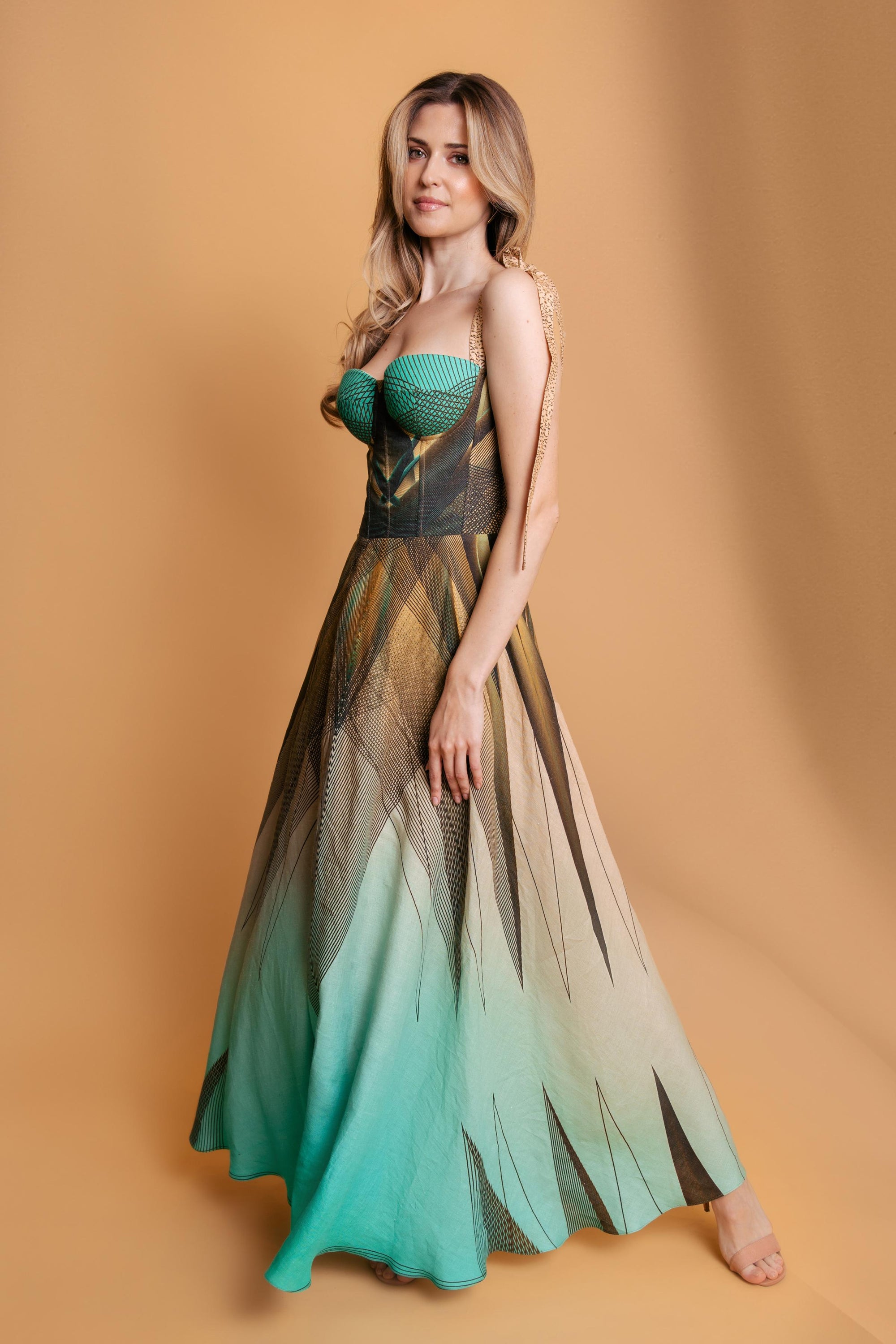 Green Beige Emerald Print Linen Corset Dress