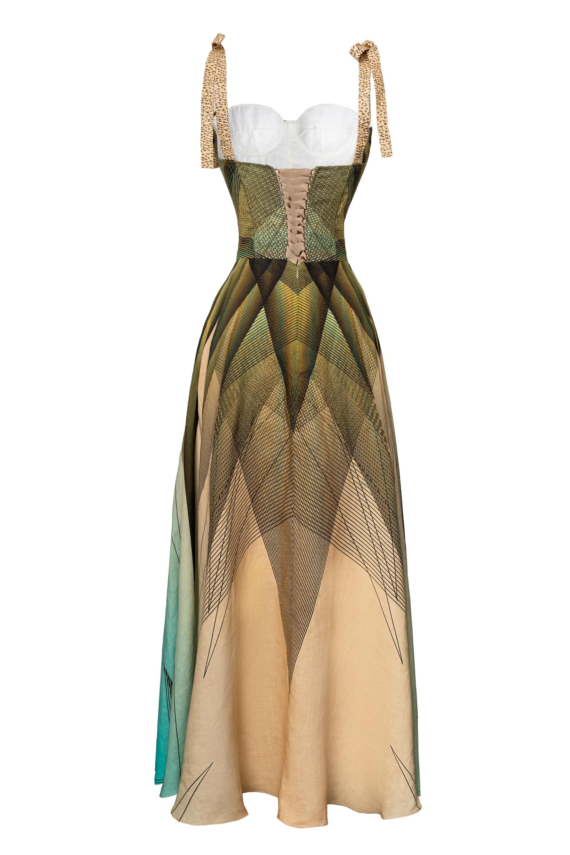 Green Beige Emerald Print Linen Corset Dress