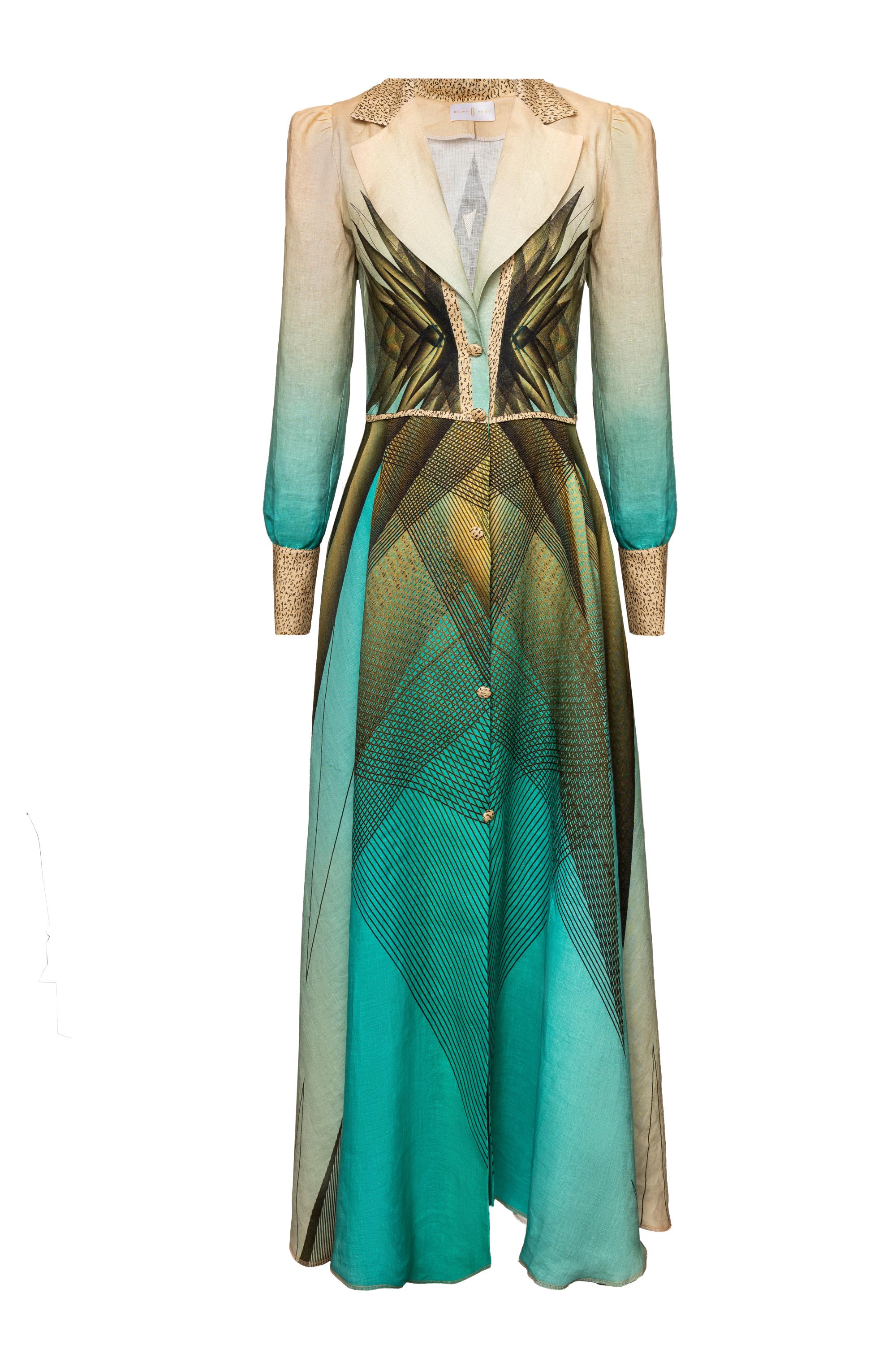 Green Beige Emerald Print Linen Maxi Dress Belma Tvico Green Beige Emerald Print Linen Maxi Dress Belma Tvico