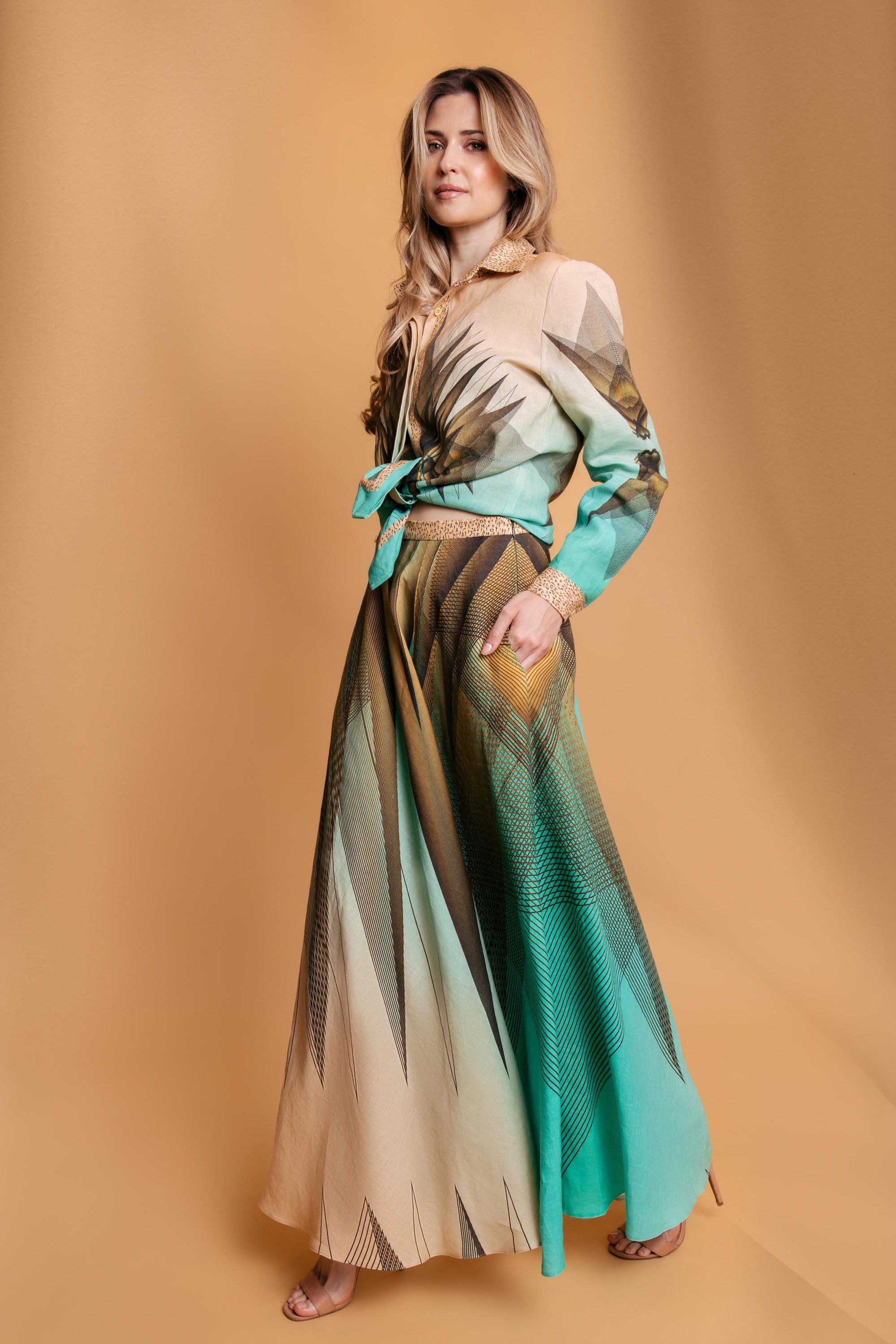 Green Beige Linen Maxi Skirt