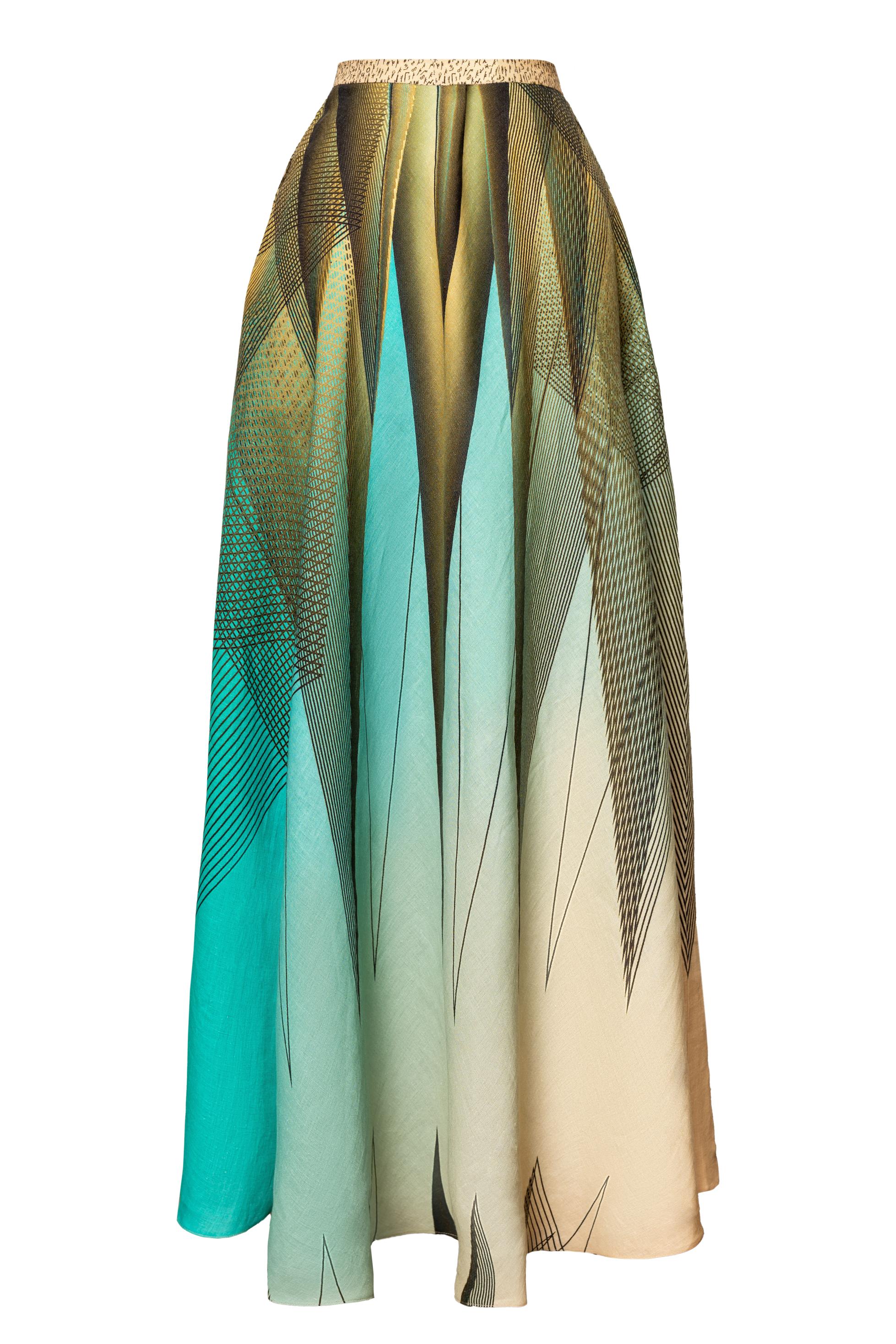 Green Beige Linen Maxi Skirt