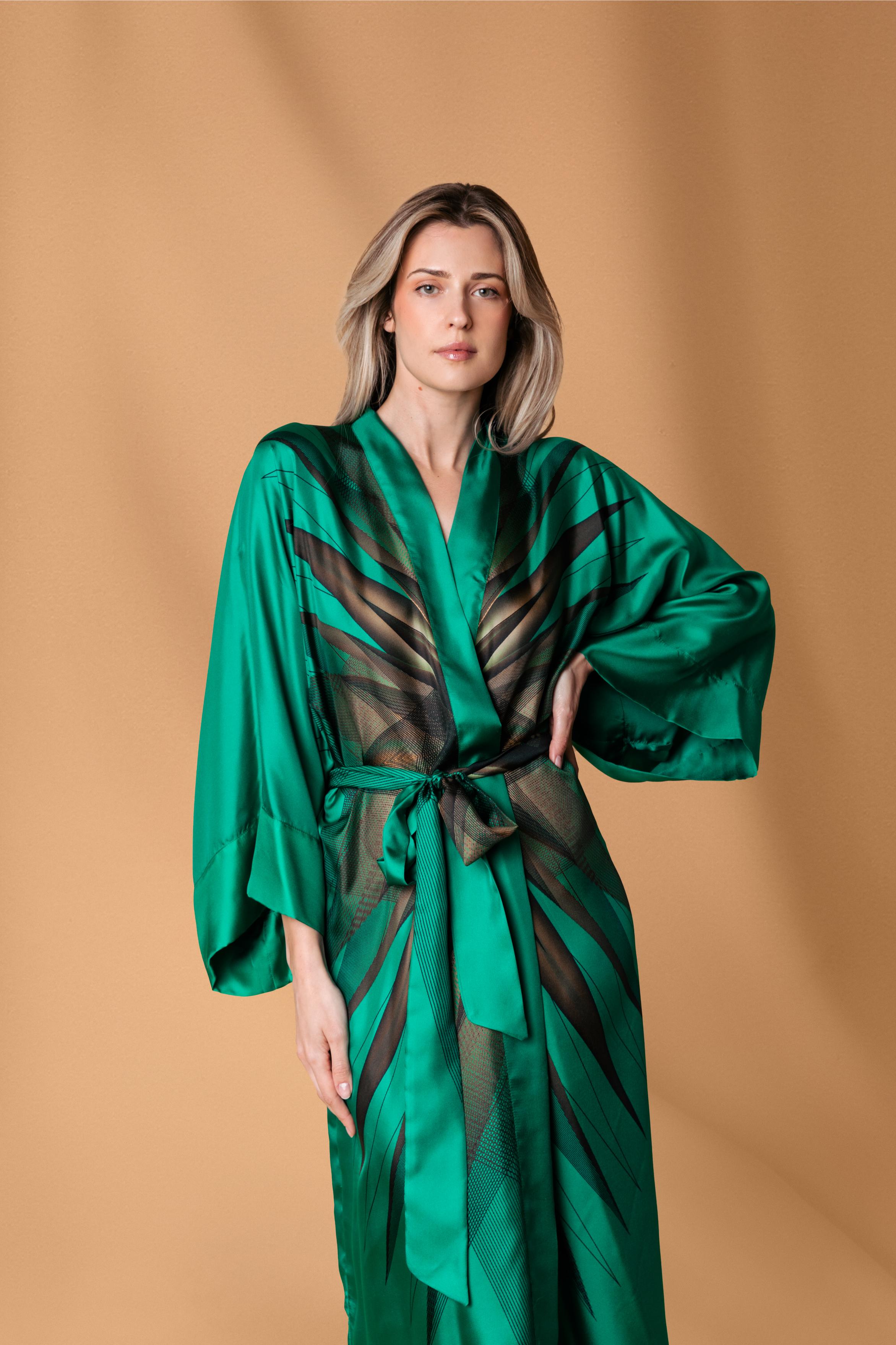 Green and Black Emerald Print Kimono Silk Dress Belma Tvico Green and Black Emerald Print Kimono Silk Dress Belma Tvico