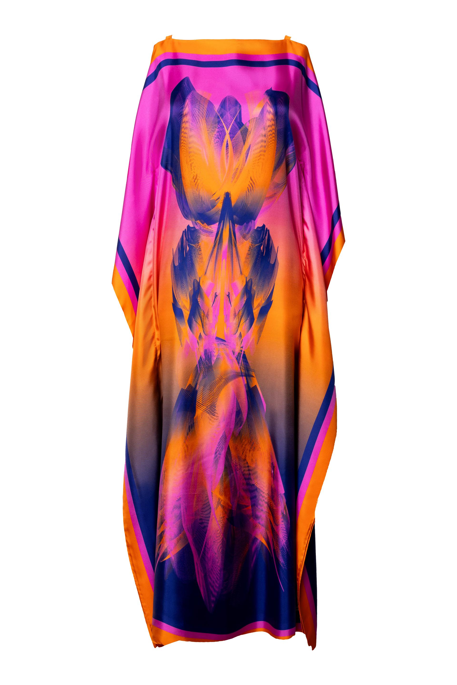Pink Coral Sunset Print Silk Kaftan Dress