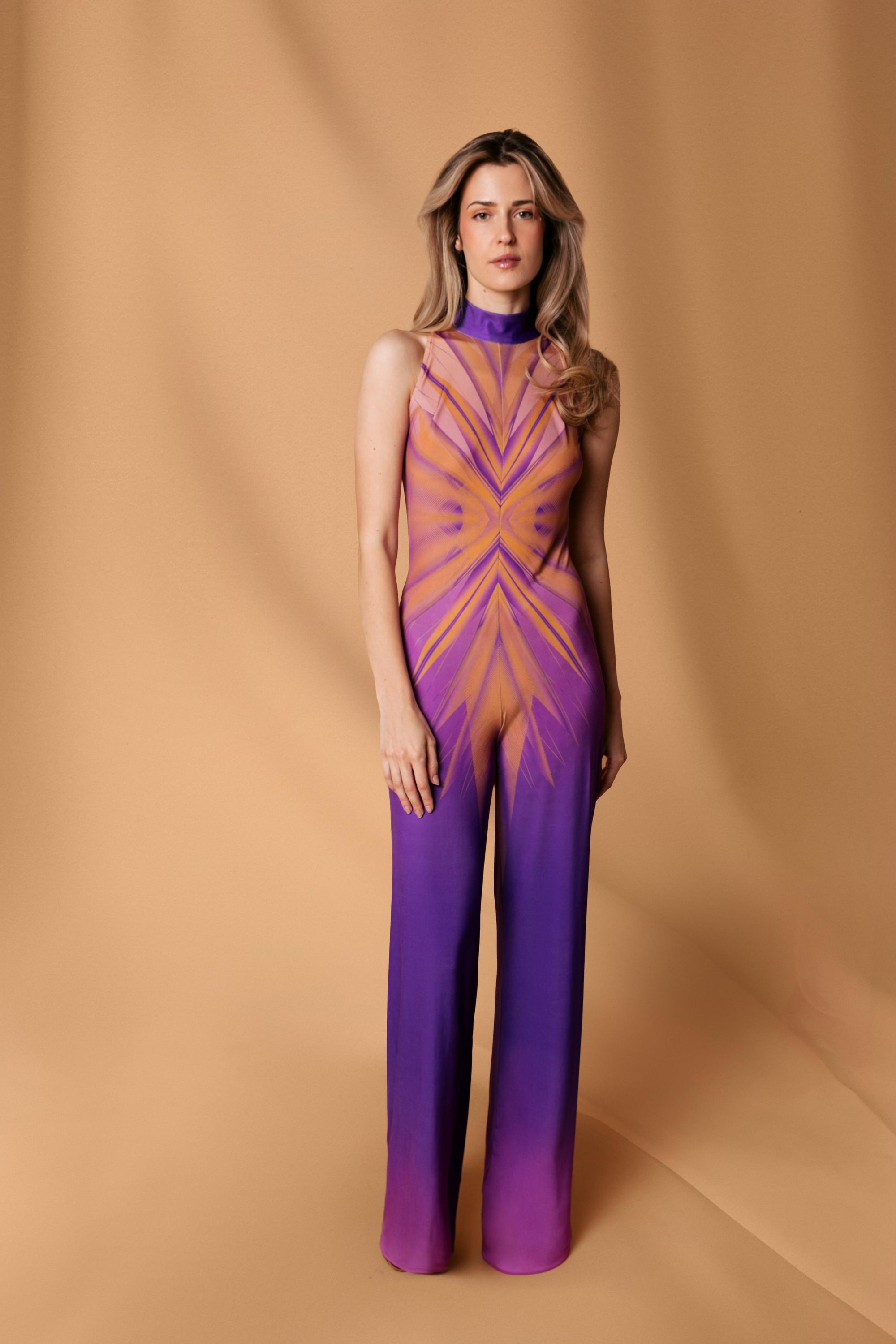 Purple Beige Custom Print Sleeveless Jumpsuit