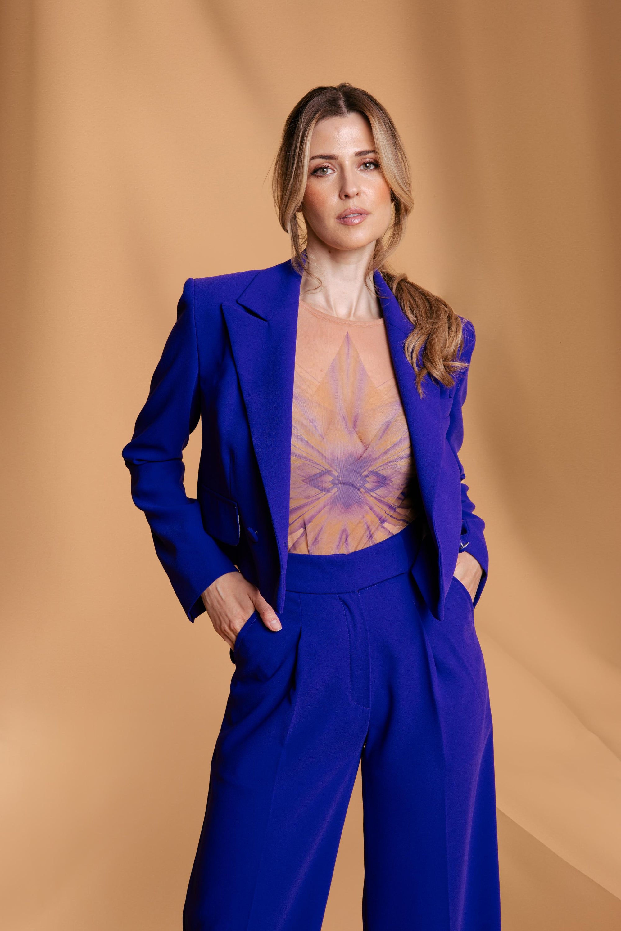 Purple Pleated Straight Wide Leg Trousers