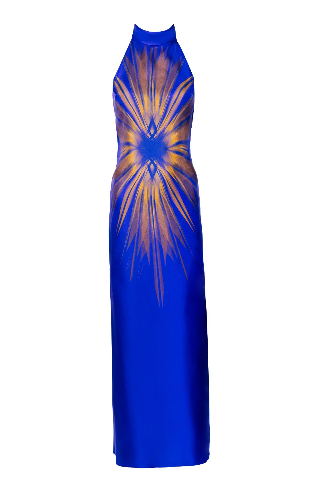Royal Blue Golden Andromeda Print Silk Dress – Belma Tvico Royal Blue Golden Andromeda Print Silk Dress – Belma Tvico