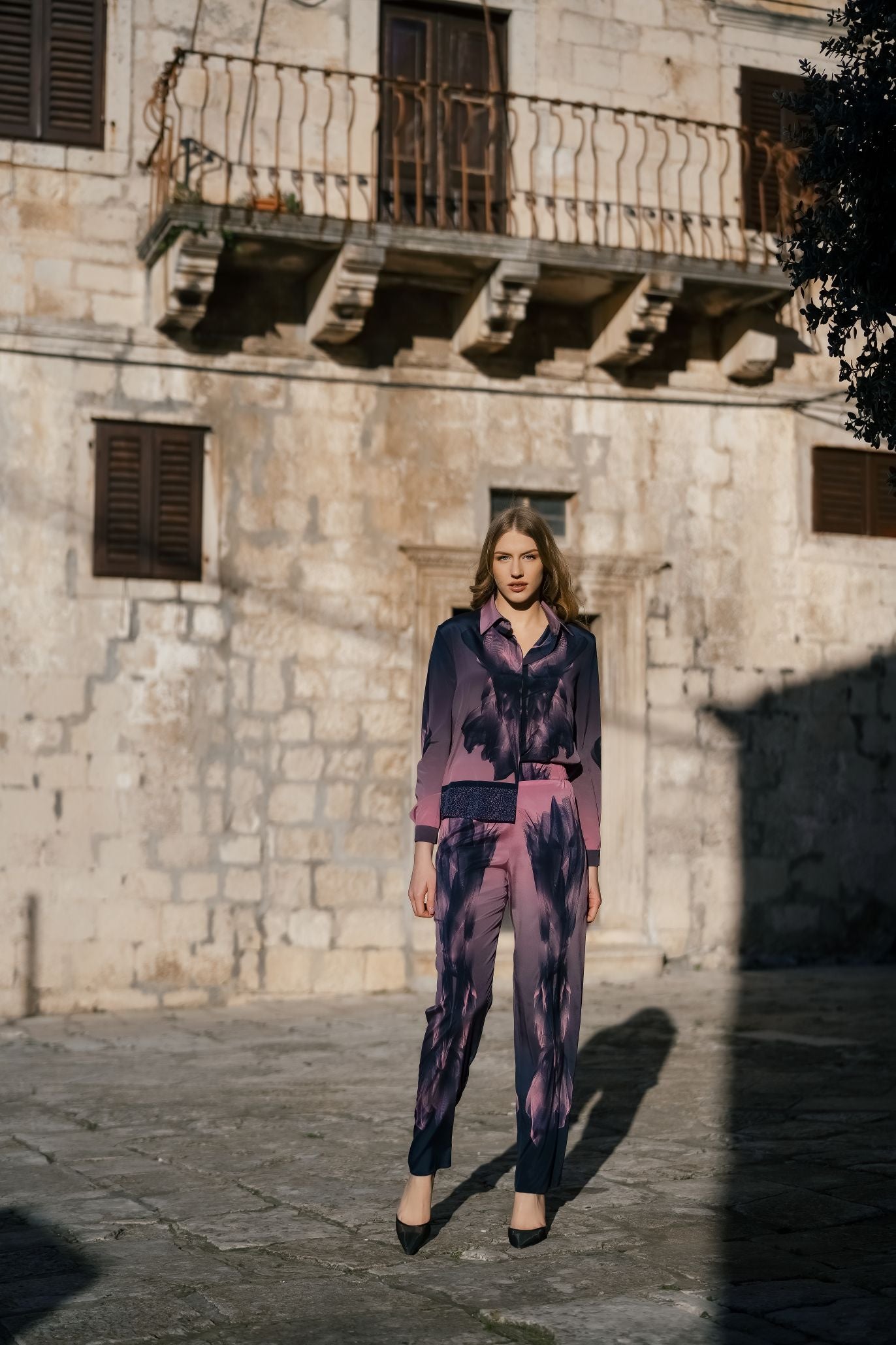 Black Pink Twilight Silk Straight Leg Trousers
