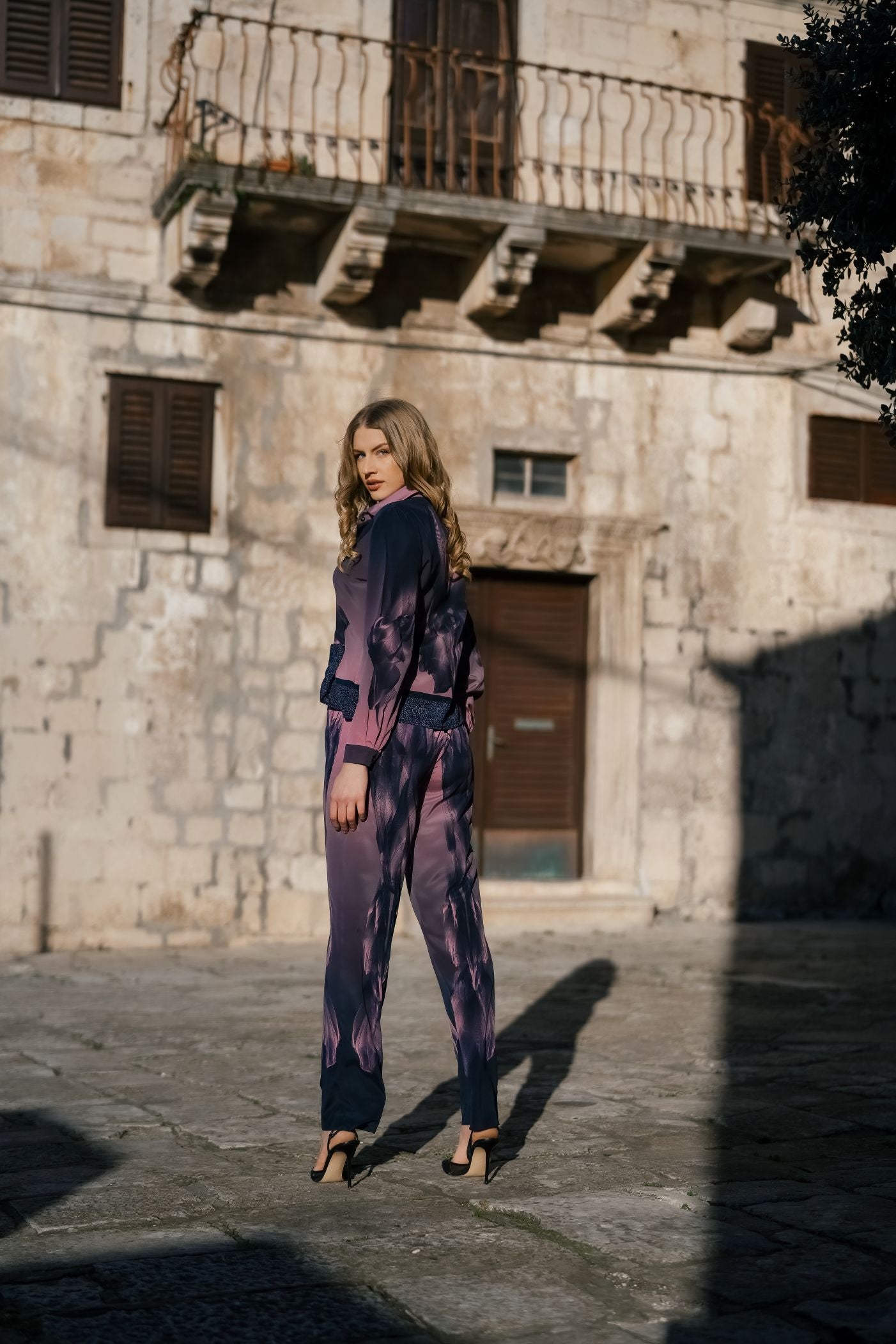 Black Pink Twilight Silk Straight Leg Trousers