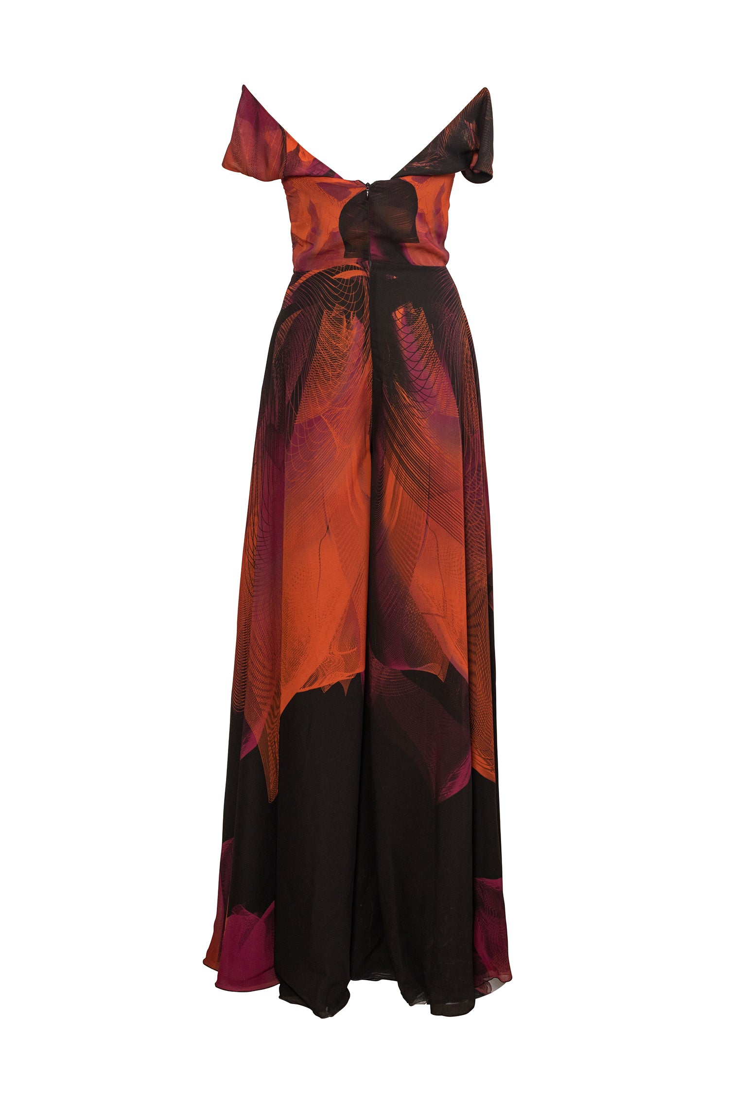 Black Orange Fuchsia Violet Flower Print Chiffon Jumpsuit
