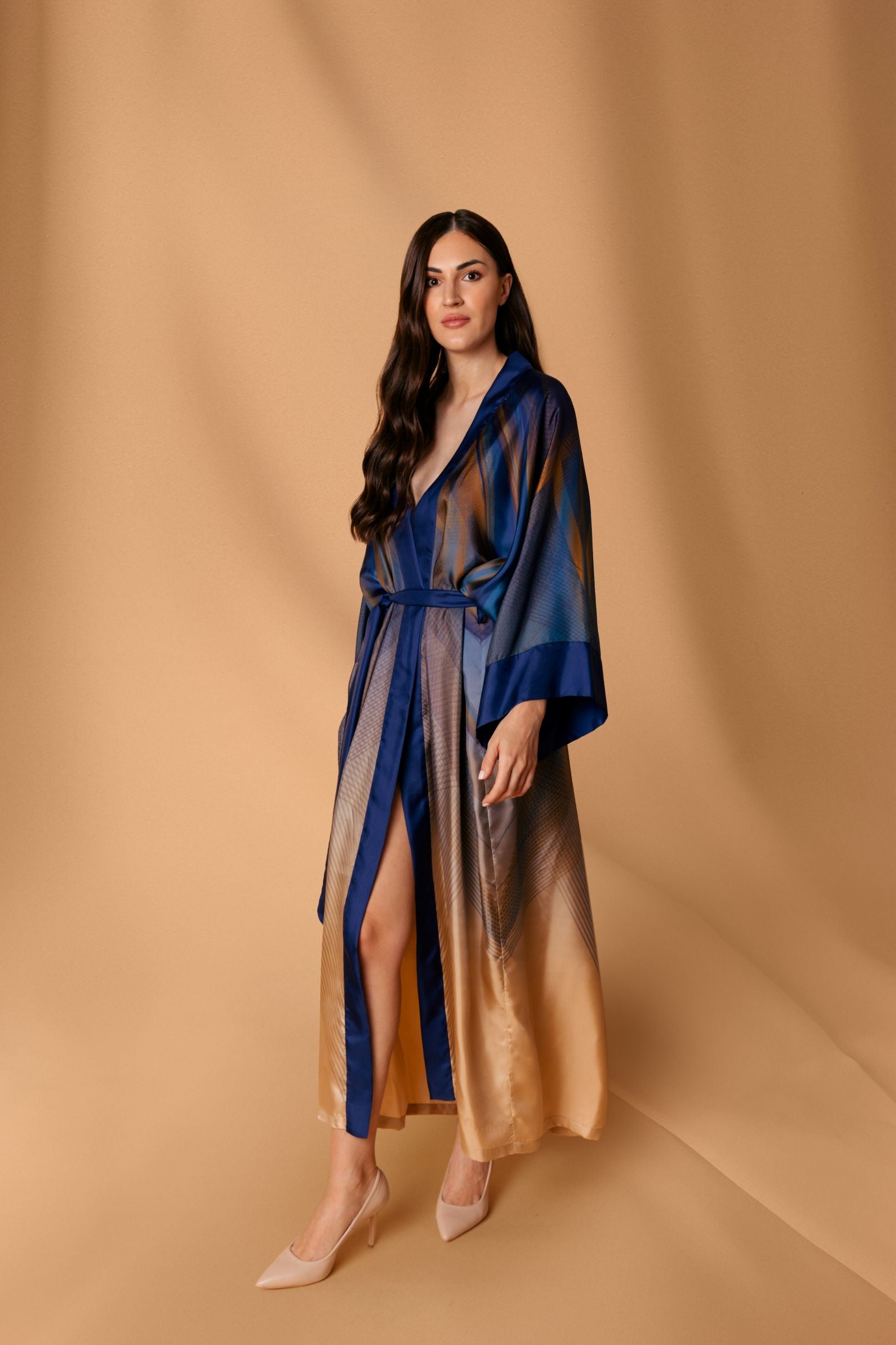 Peach Blue Kimono Silk Dress