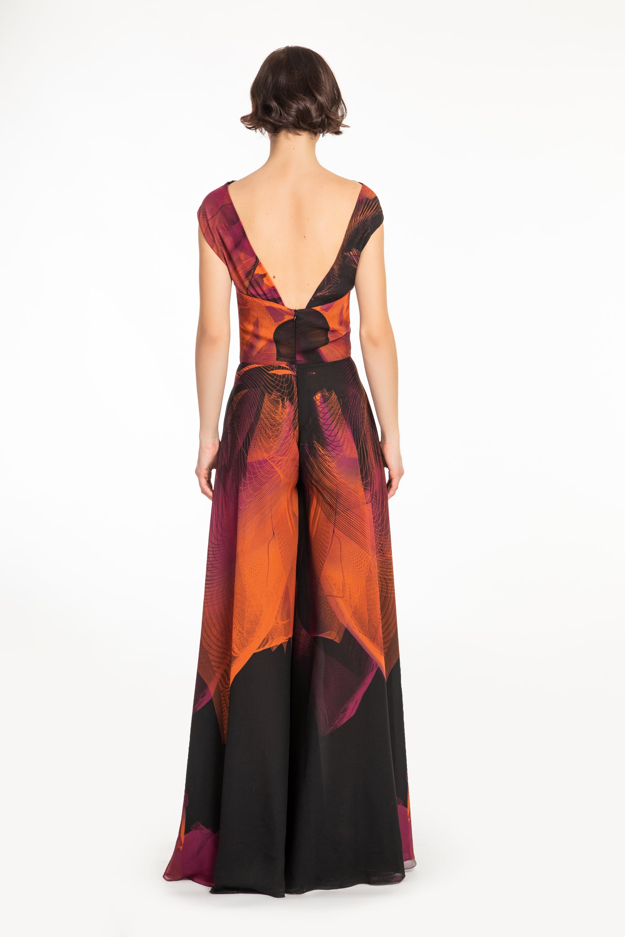 Black Orange Fuchsia Violet Flower Print Chiffon Jumpsuit