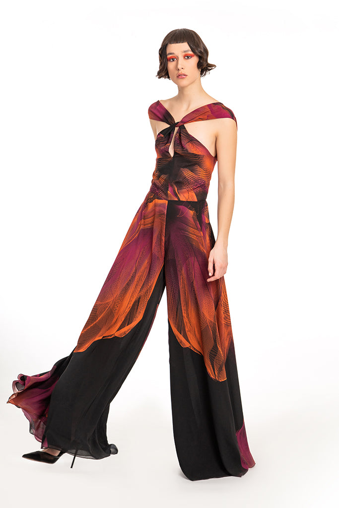 Black Orange Fuchsia Violet Flower Print Chiffon Jumpsuit