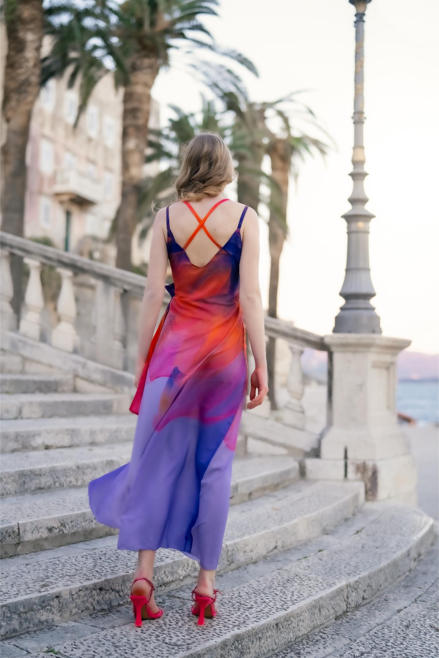 Red Blue Pink Coral Sunset Chiffon Maxi Dress