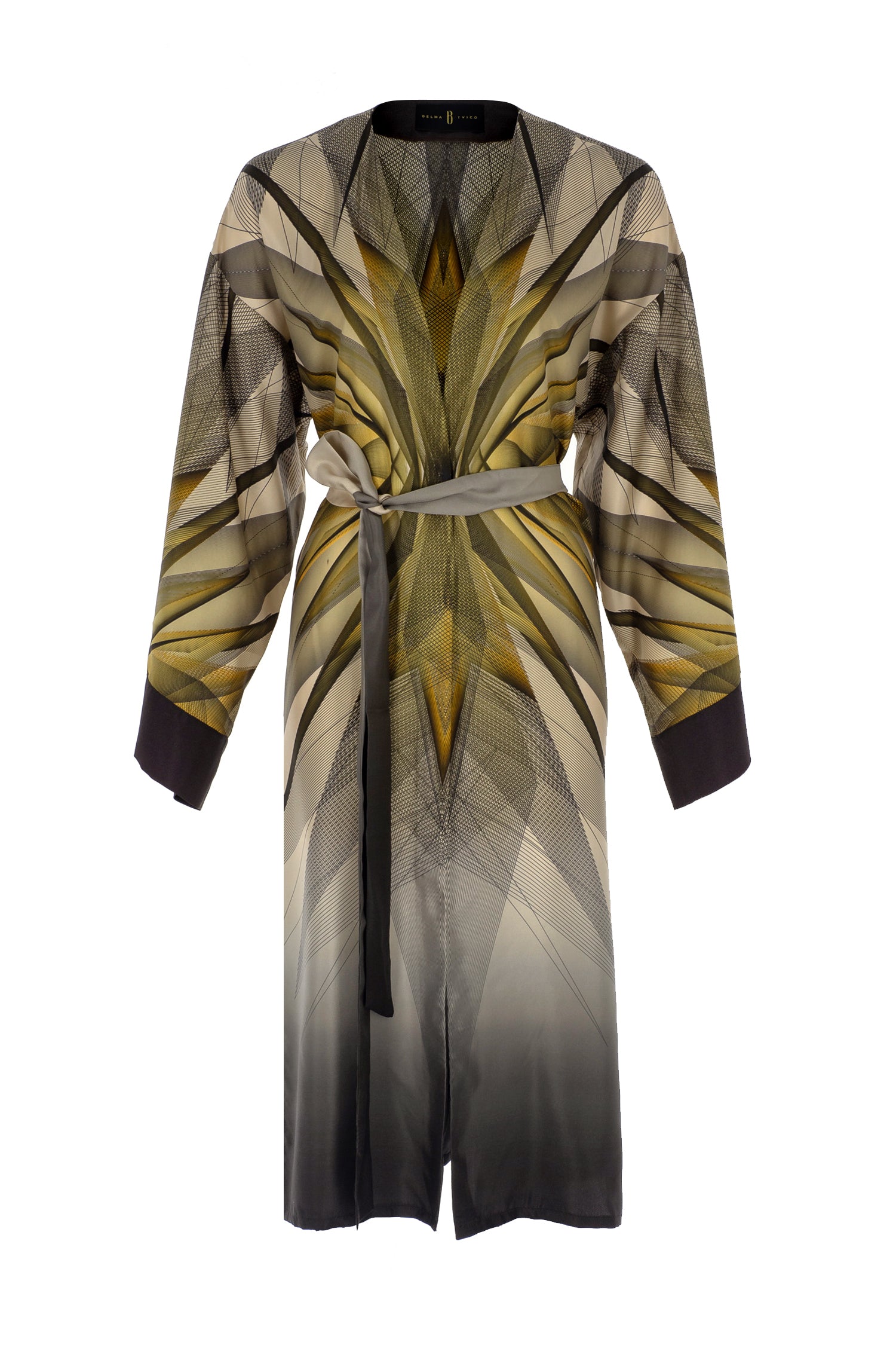Beige Black Gold Orion Kimono Silk Dress