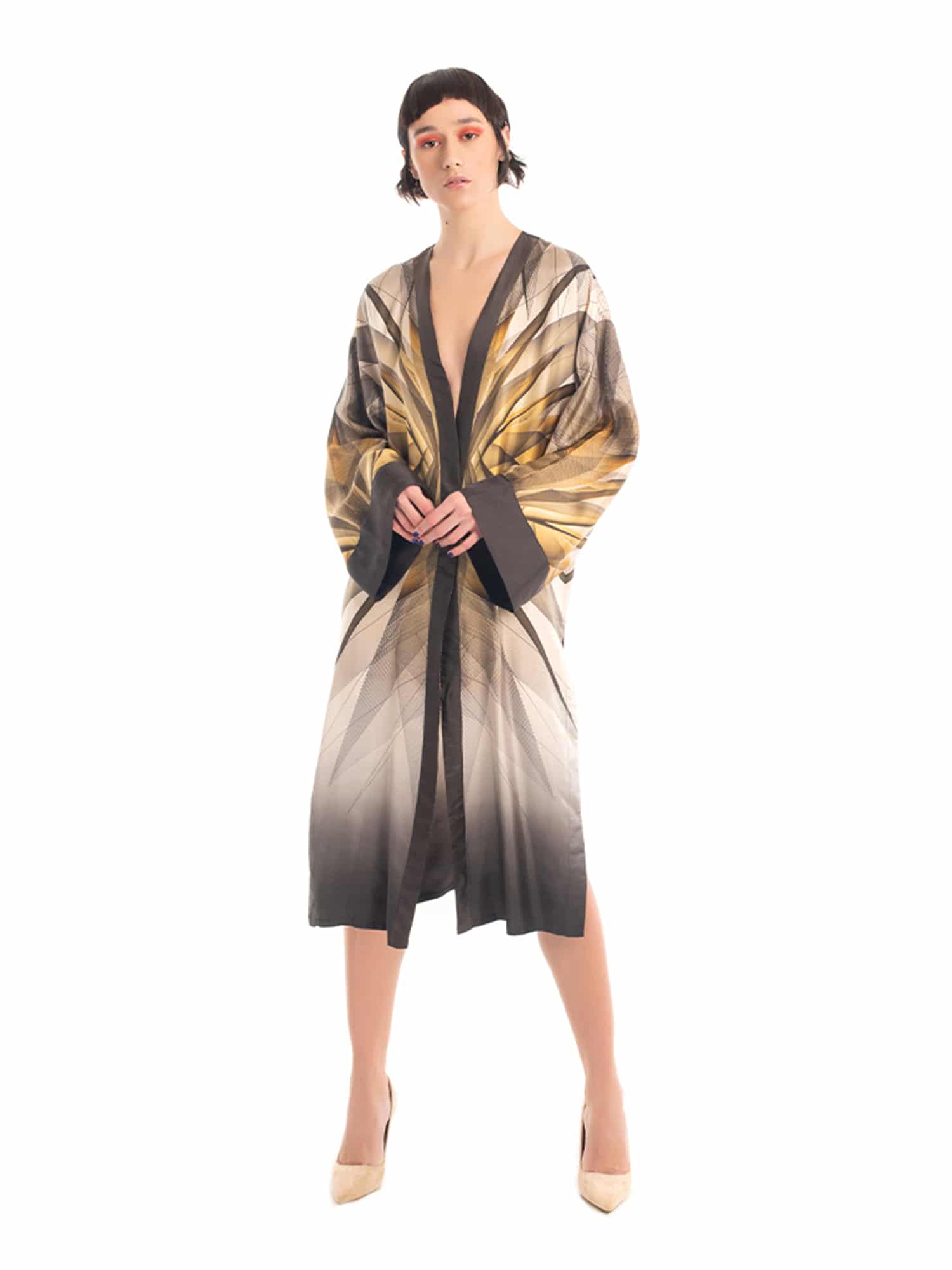 Beige Black Gold Orion Kimono Silk Dress