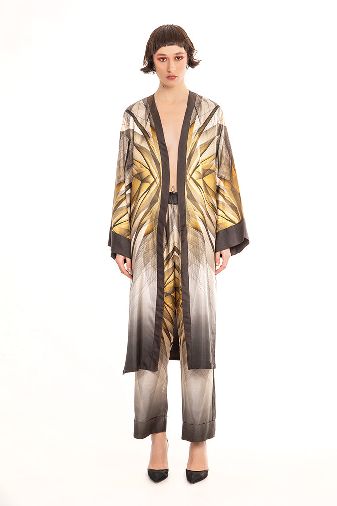 Beige Black Gold Orion Kimono Silk Dress