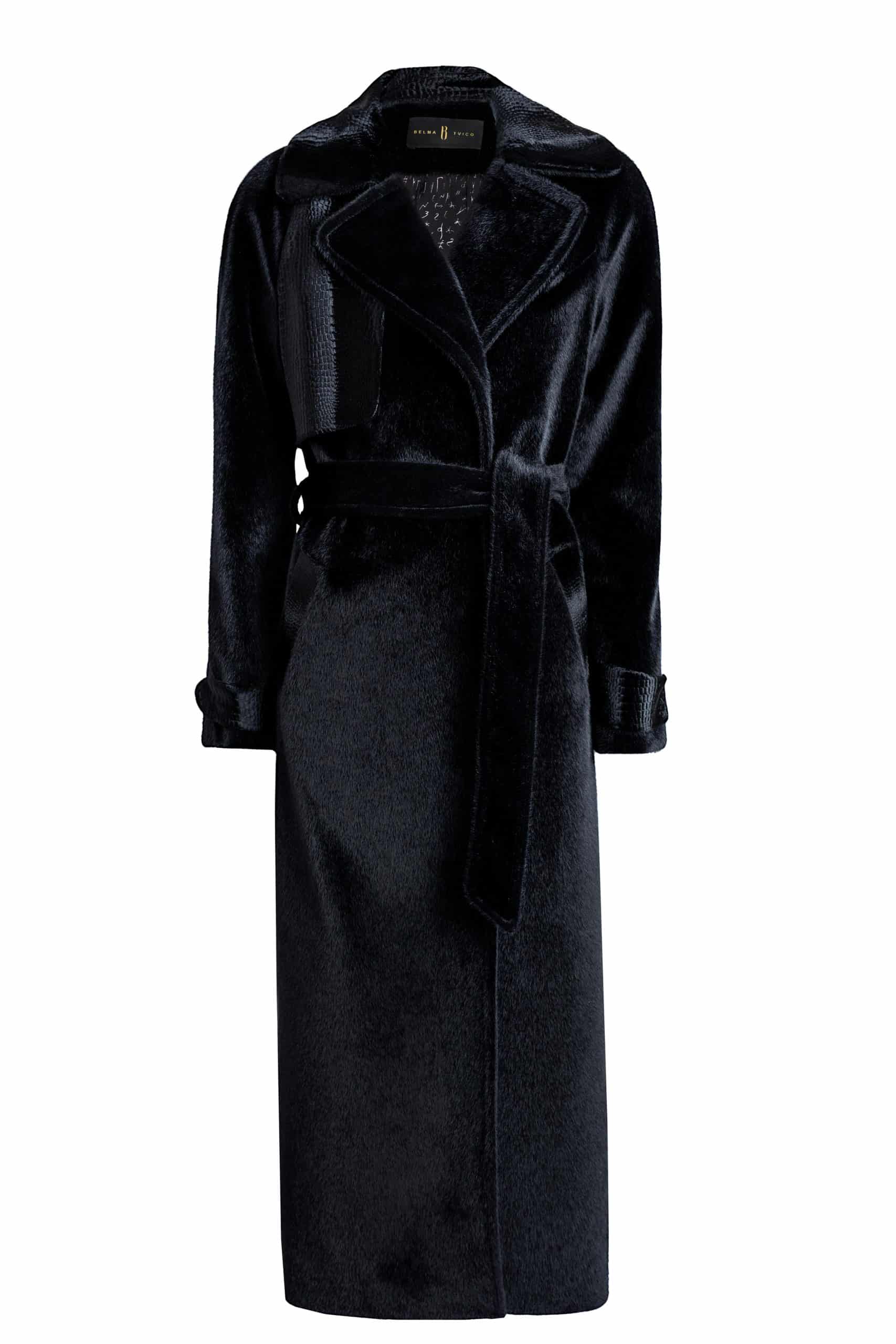 Black Big Lapel Belted Faux-fur Coat