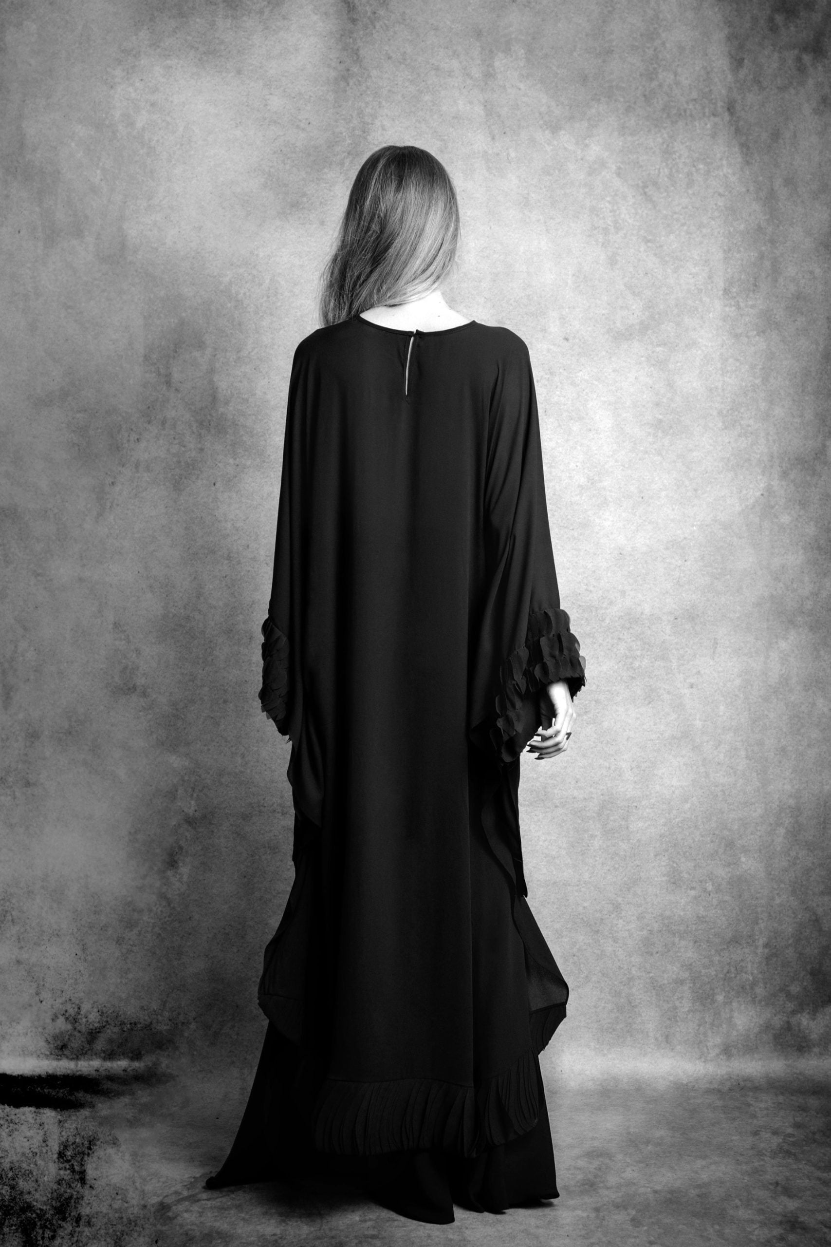 Black Chiffon Laser Cut Detailed Abaya Cape