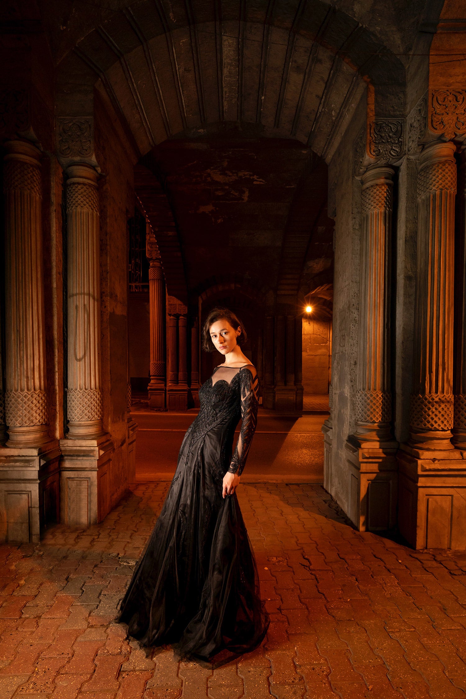 Black Corsetted Lace Beaded Gown
