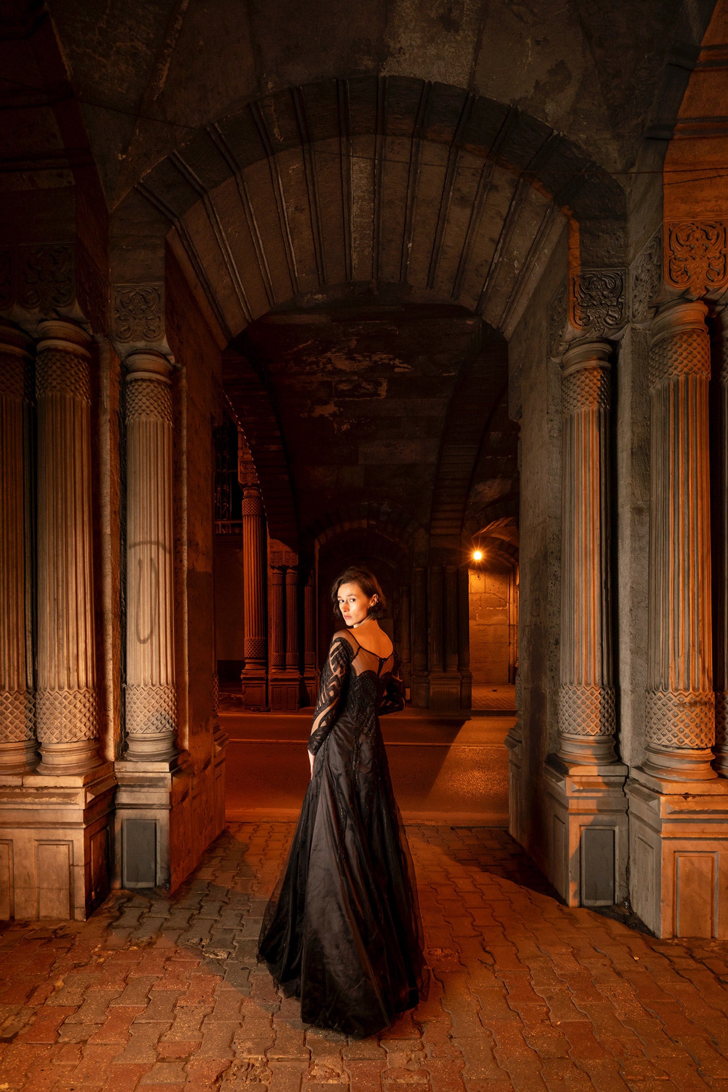 Black Corsetted Lace Beaded Gown