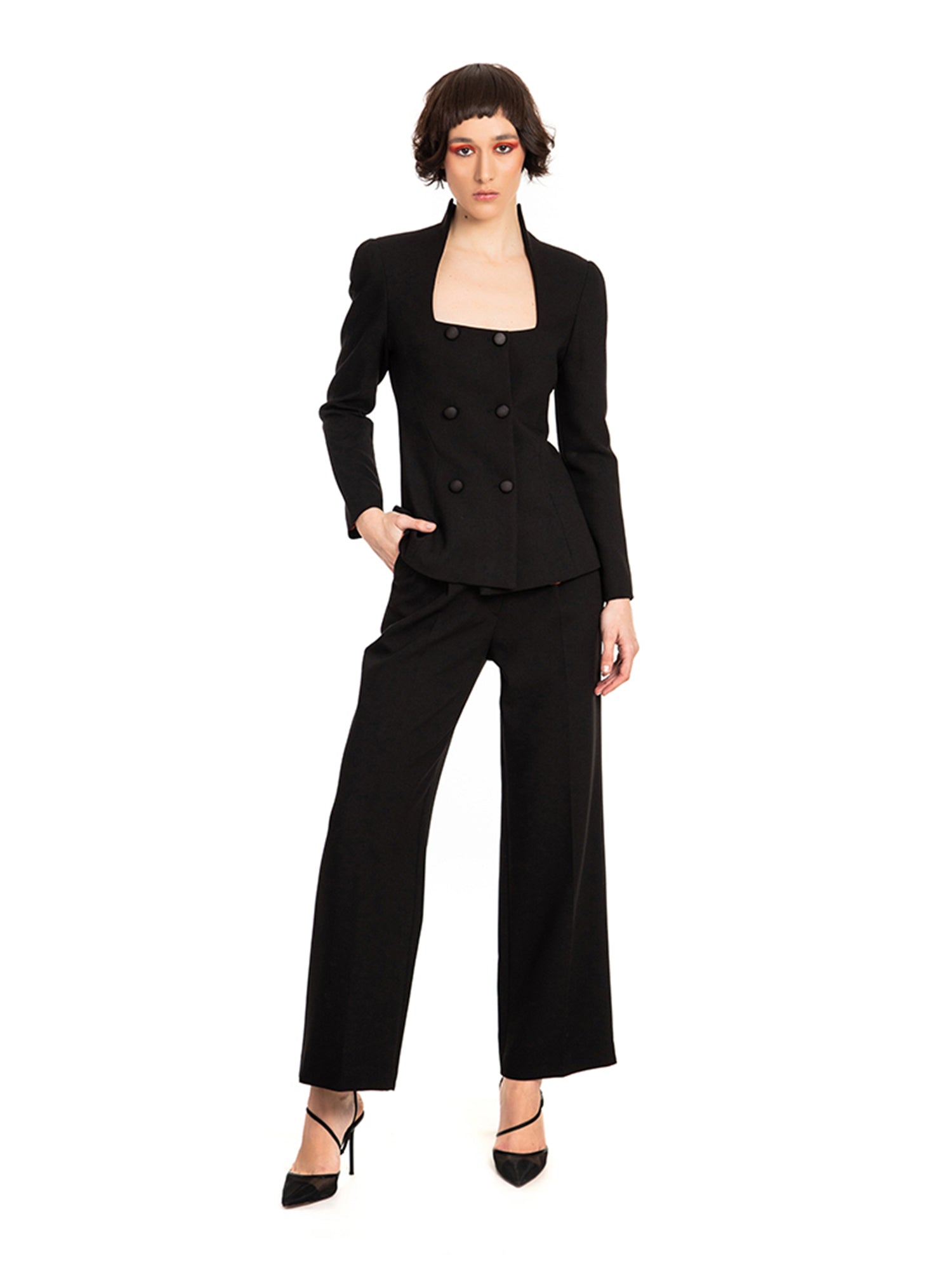 Black Crepe Double Breasted Square Neck Blazer