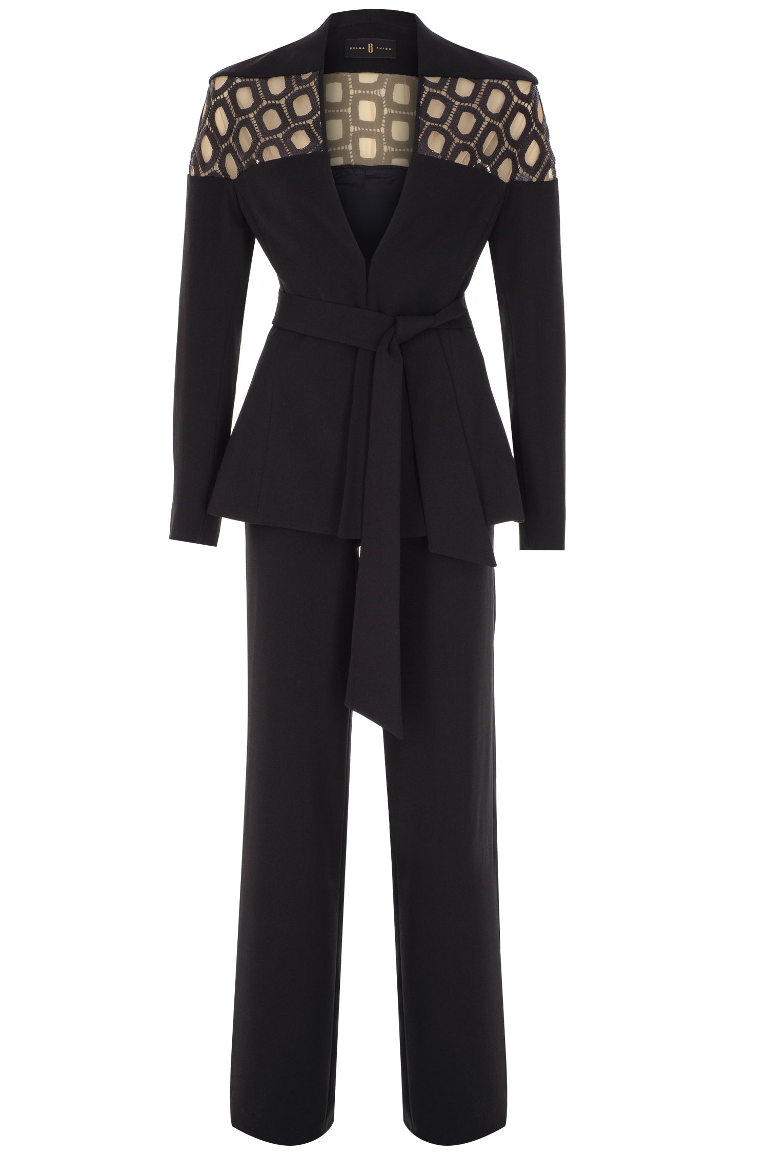 Black Crepe Sequin Laser-cut Tailored Suit