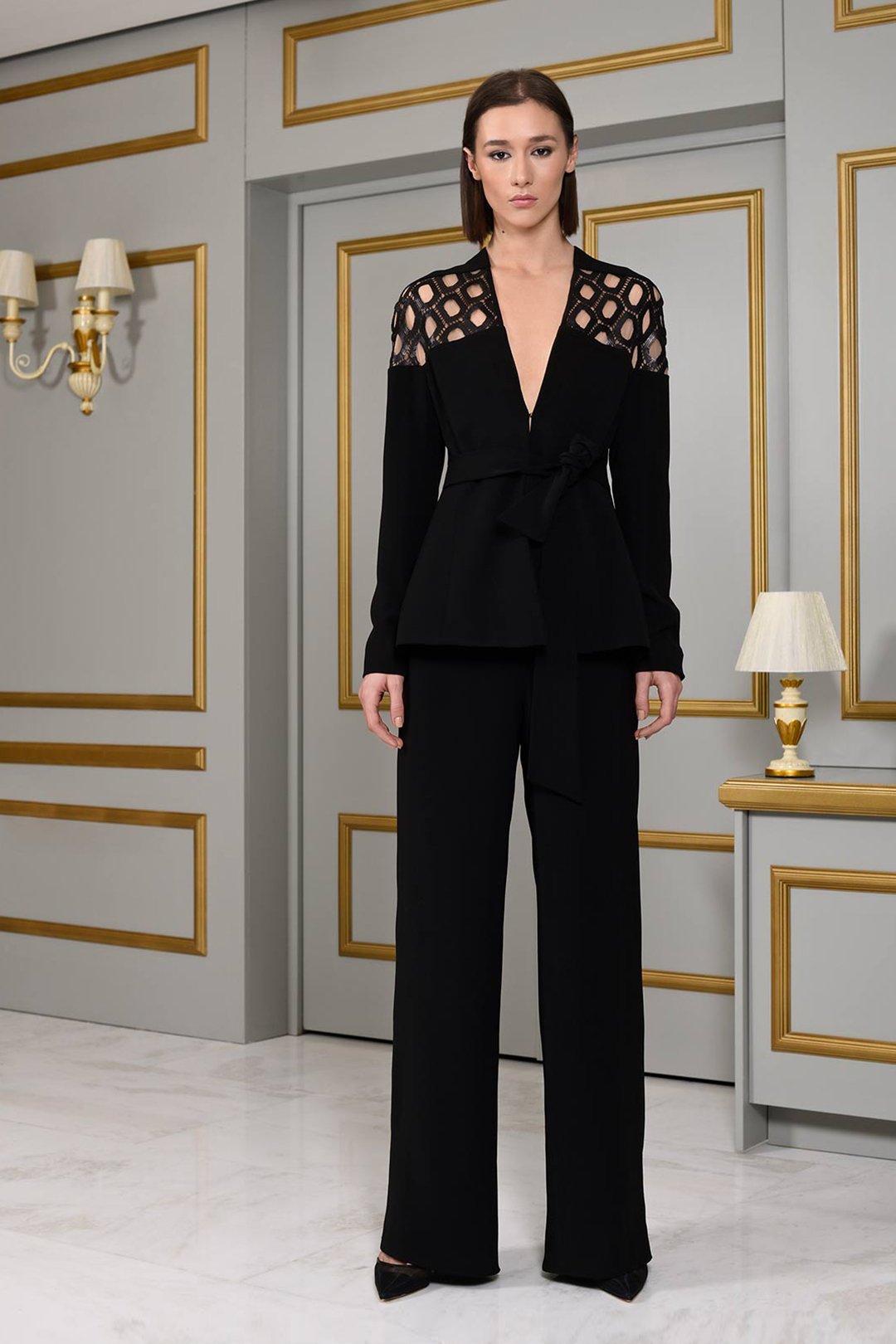 Black Crepe Sequin Laser-cut Tailored Suit