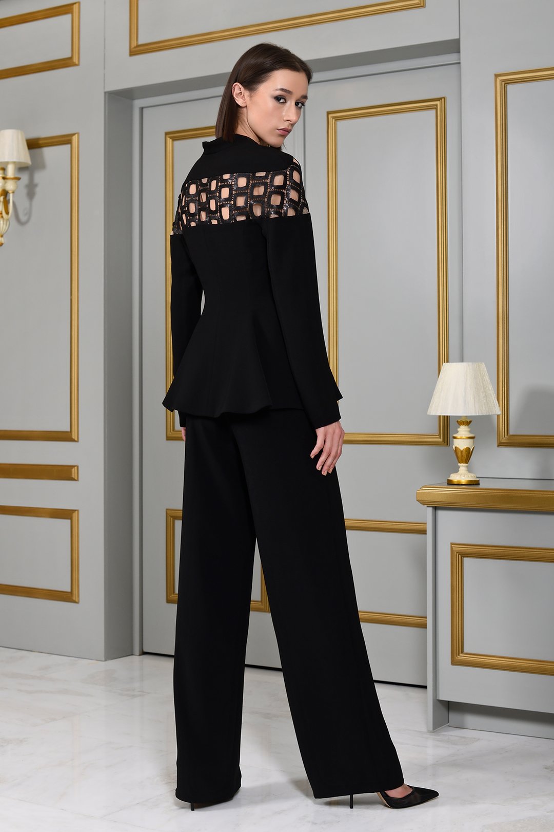 Black Crepe Sequin Laser-cut Tailored Suit