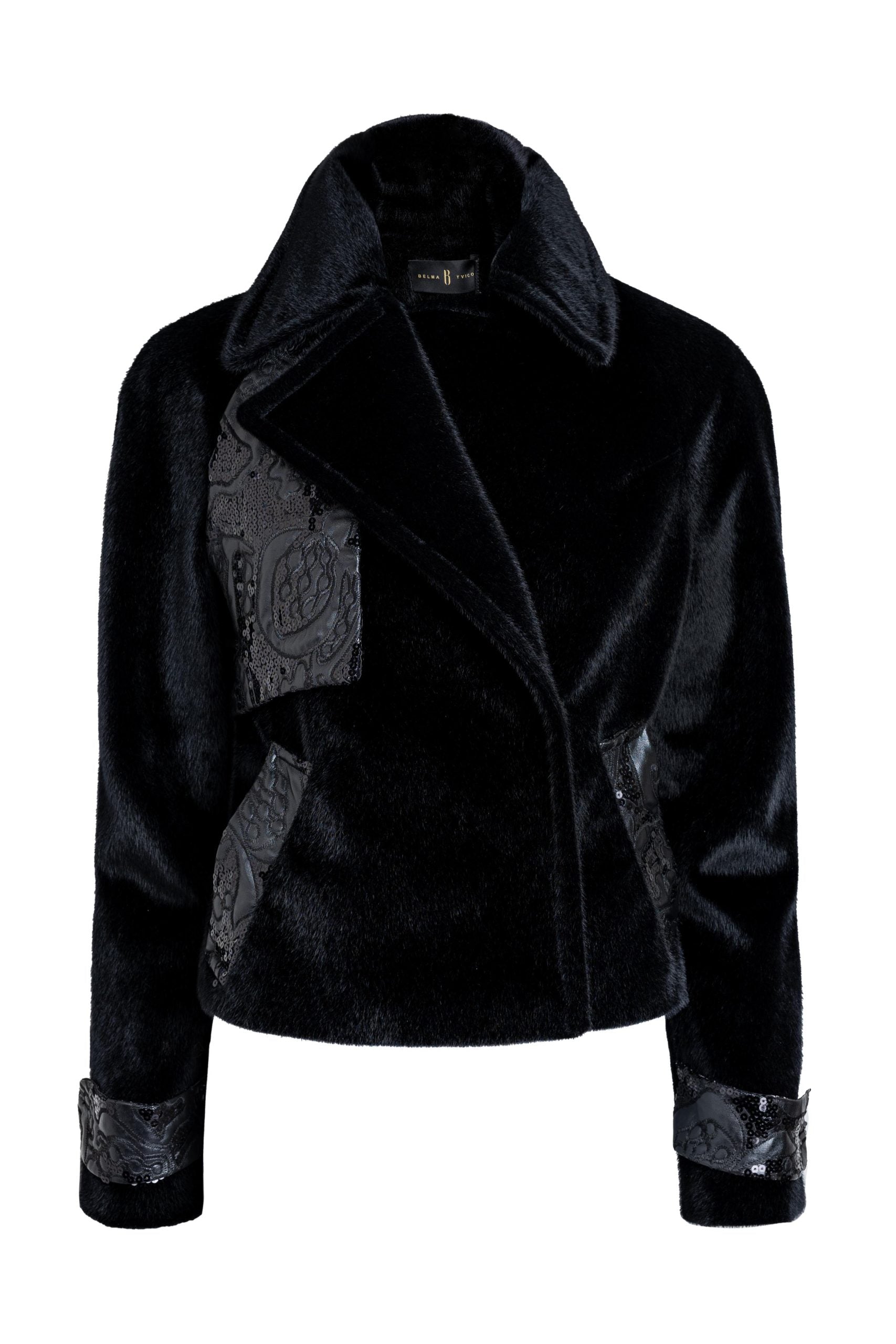 Black Faux-Fur Short Jacket With Payette Details
