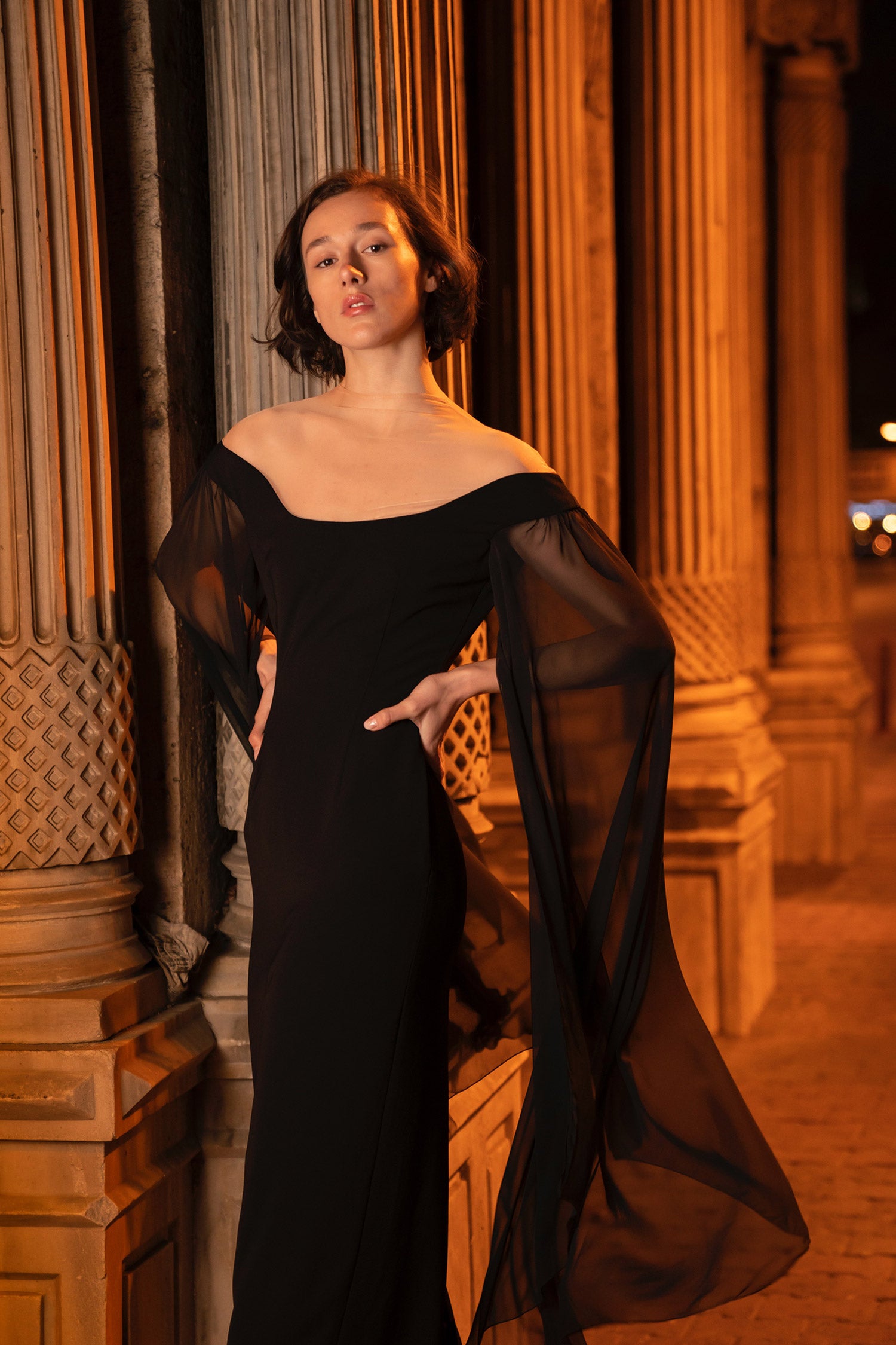Black Long Chiffon Crepe Gown