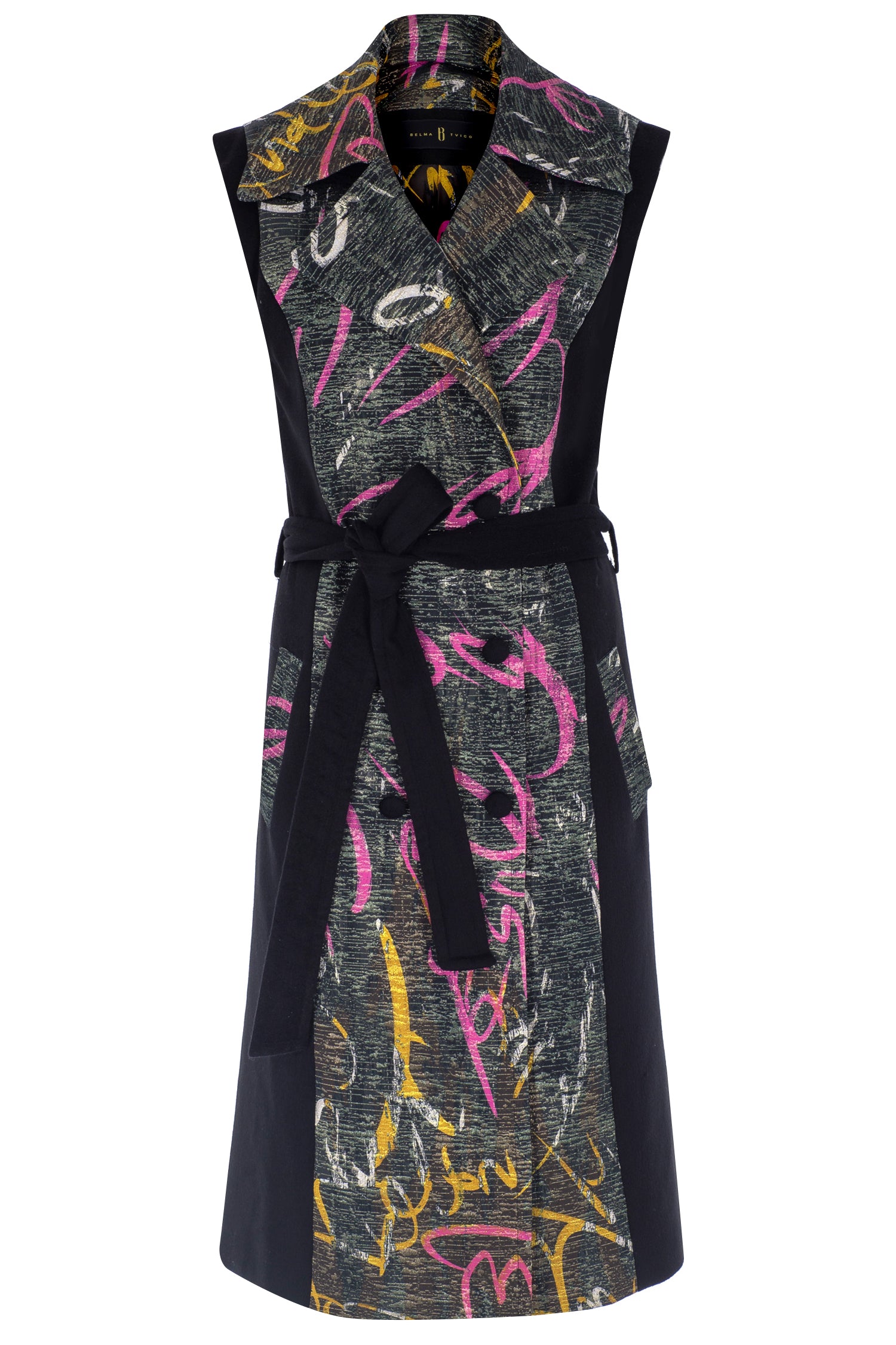 Black Magenta Yellow Bosančica Wool Brocade Sleeveless Coat