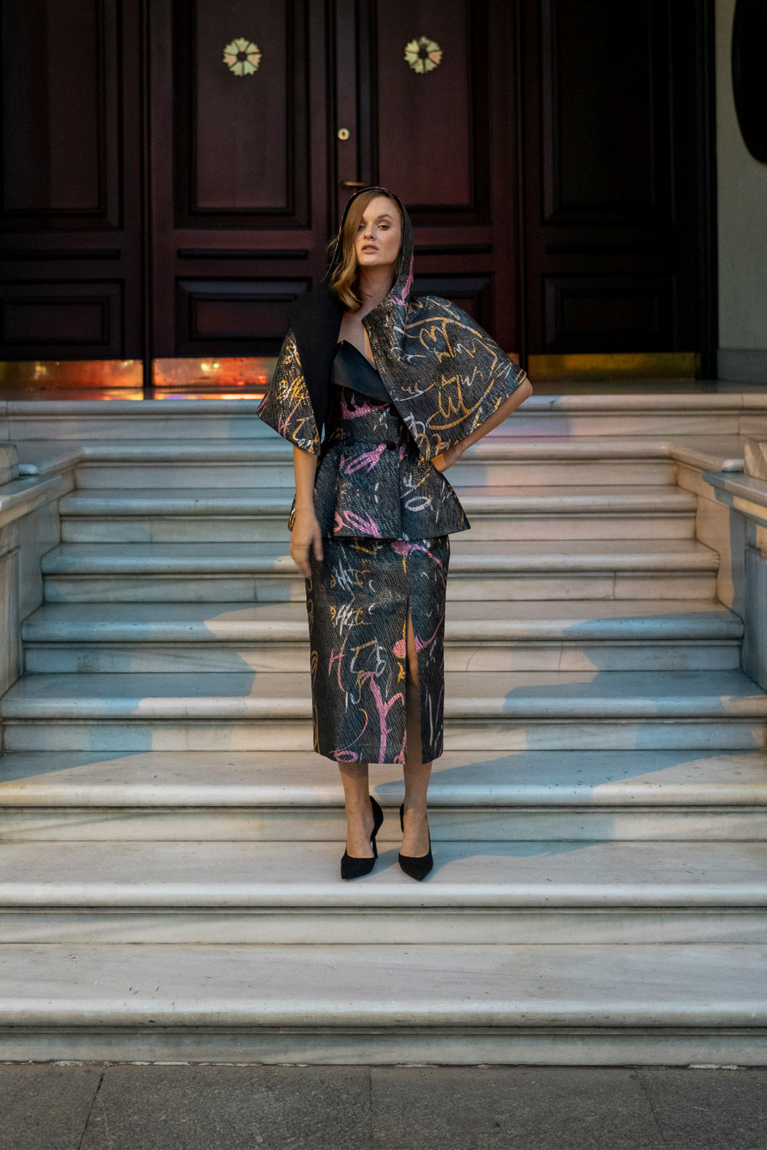 Black Multicolor Bosančica Brocade Pencil Skirt
