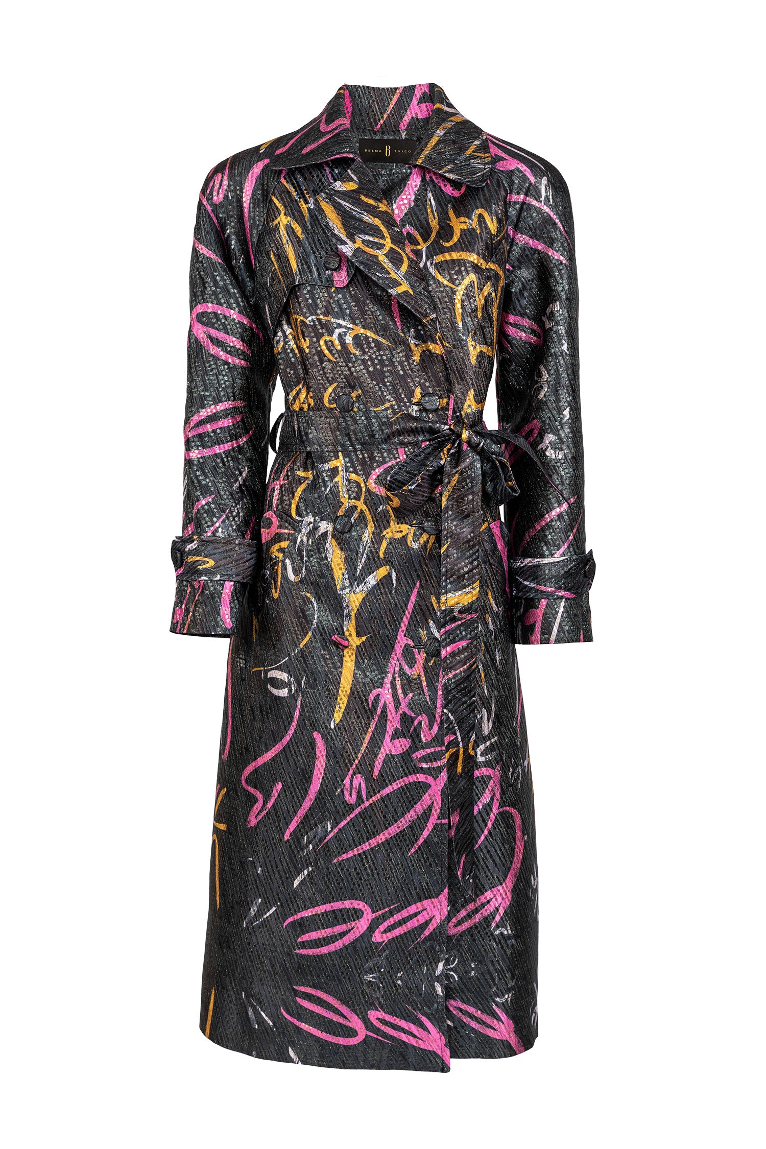Black Multicolor Brocade Lapel Trench Coat