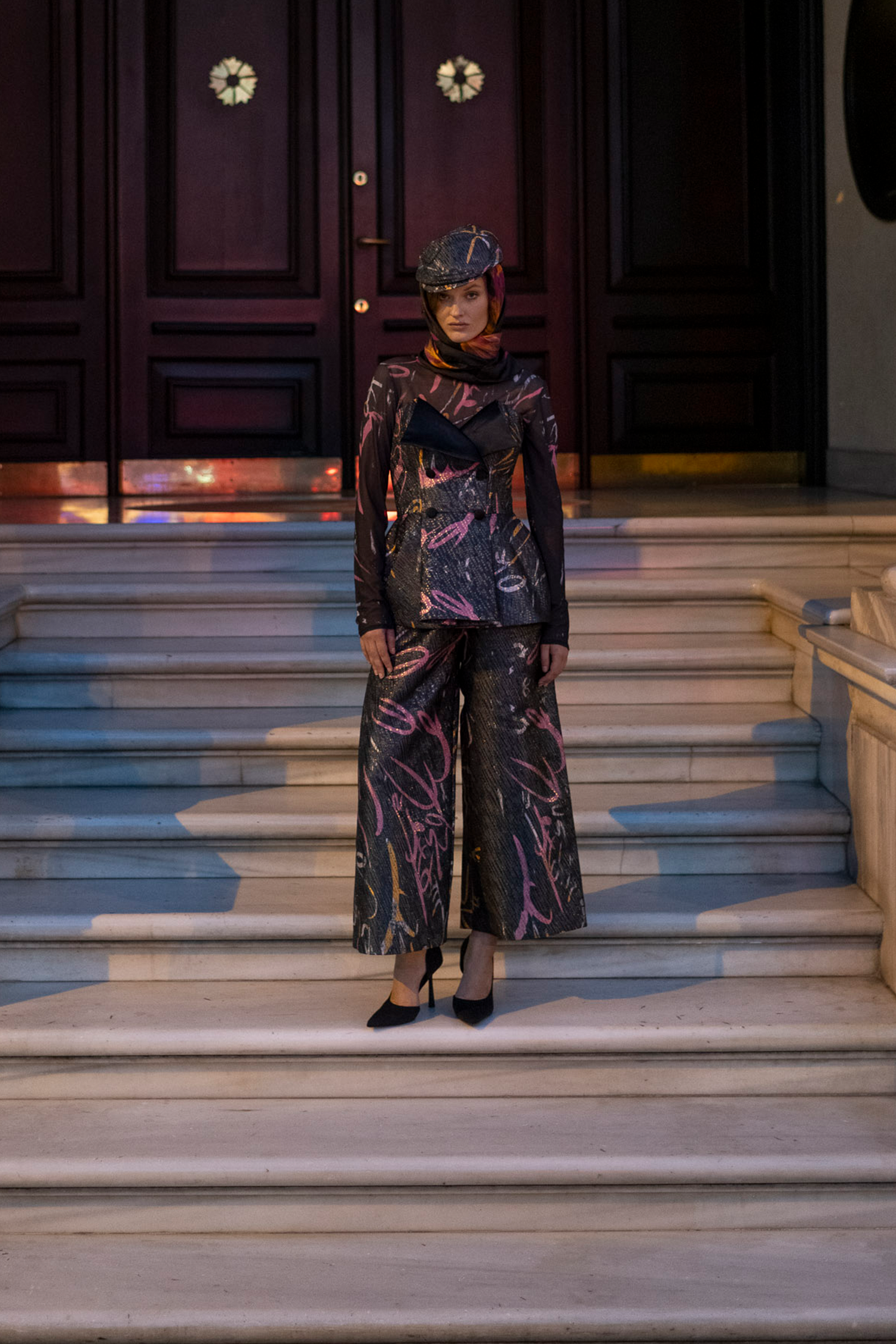 Black Multicolor Brocade Wide Leg Trousers